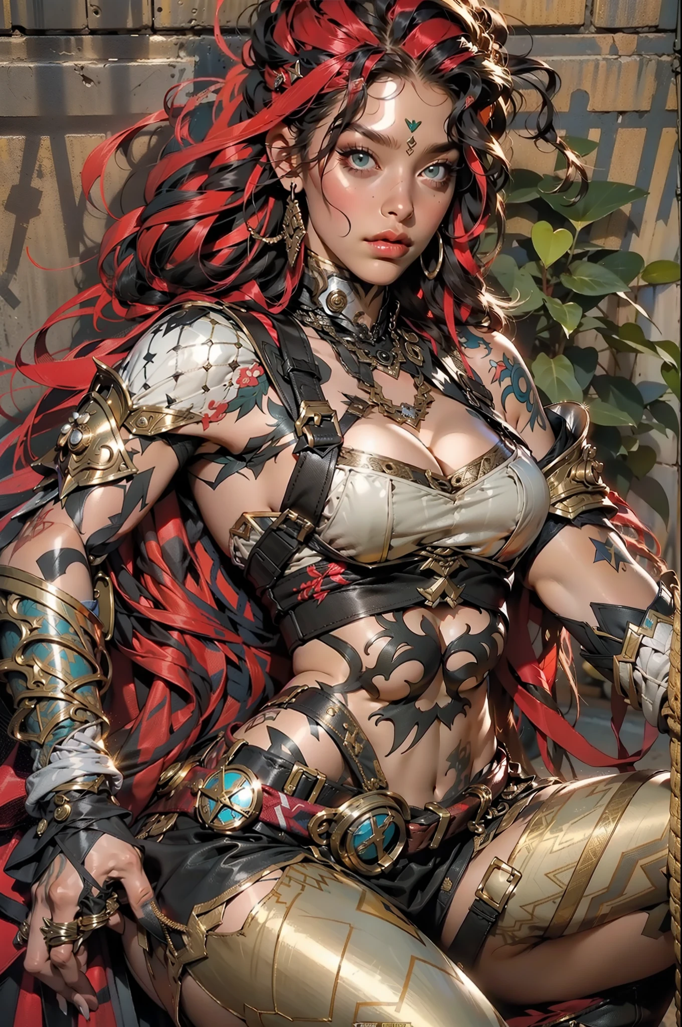 (((mulher))), (((melhor qualidade))), (((obra prima))), (((adulta))), Uma guerreira steampunk mulher de 35 anos com corpo perfeito, Brooklyn Gladiators, (( under boobs )), (((capuz vermelho))), holding a teddy bear, quase nua no estilo selvagem urbano de Simon Bisley para a capa da revista Heavy Metal, cabelo verde, Minimum clothing, red and white checkered pattern, armadura, cheio de pontas e rebites, tatuagem tribal, (((do joelho pra cima))), cabelo verde desalinhado