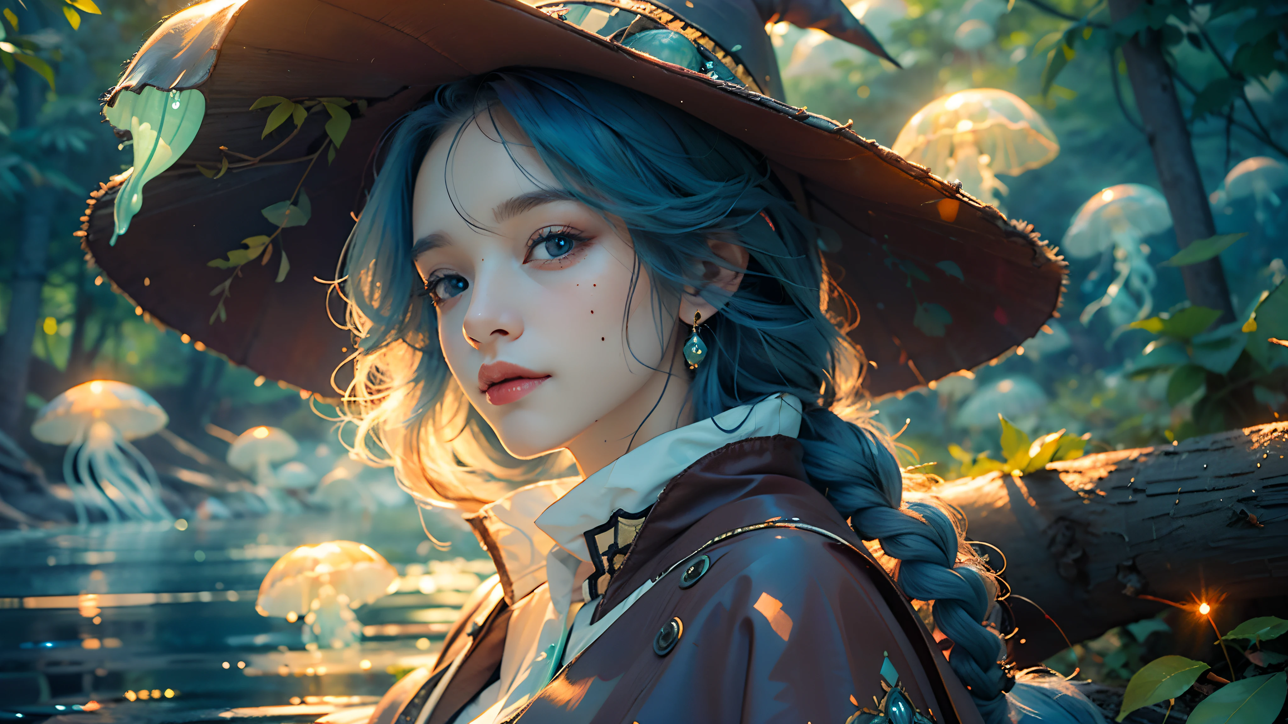 masterpiece, (photorealistic:1.4), green jellyfish,(jellyfishforest:1.4), 1girl, mushroom, scenery, roxy migurdia, detailed face, bangs, black headwear, witch hat, blue eyes, blue hair, braid, brown cape, floating hair, portrait, solo, nature, water, wading, outdoors, tree, standing, fantasy, forest