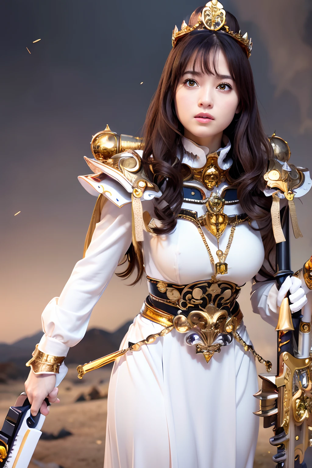 (masutepiece), Professional , ​masterpiece、top-quality、photos realistic , depth of fields ,（Wind element），tornado，Lightning，（Gemstone Silver Metal Body:1.９),(Matte White、 Gold Weapon_（Metal:1.４),Gorgeous metal weapons , Detailed Sword of the Brave , Beautiful knife   ,warhammer 40k , adepta sororitas,Detail and ornate jewel crown、Brown hair、Gangle's forest background、Beautiful Caucasian beauty、１a person、dynamic ungle,(((Detailed and ornate diamond crown)))、Particles of light、