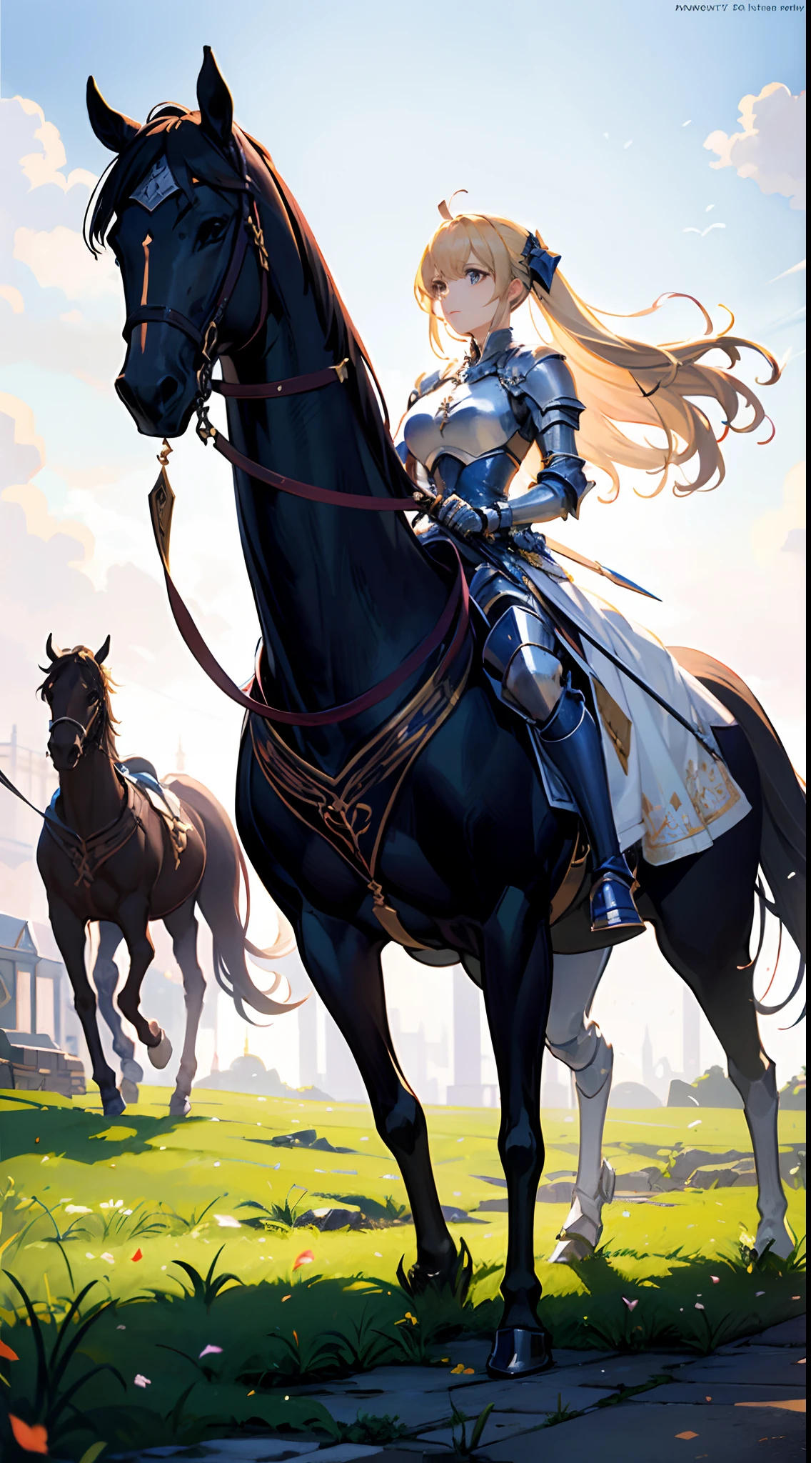 offcial art, Unity 8k wallpaper, Ultra detailed, Beautiful and aesthetic, Masterpiece, Best quality, Tangled, entangle, 1girll，Portrait of a noble knight，Dignified，royal，blond hairbl，cavalier，Full body photo，Horses gallop