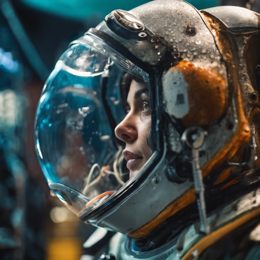 (Adult Spanish woman:1.6), (astronaut suit, wet hair, fish in a helmet:1.3), (helmet is aquarium:1.5), best quality, sunlight, detailed face, gorgeous eyes, realistic skin details, high quality, seen from below, romantic, high quality, film grain, Cinematic Light, sidelighting, sharp focus