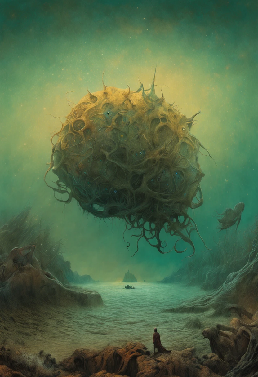Mythological creatures, por zdzislaw beksinski, Van Gogh, Album cover art, Surrealismo, Futuristic ,underwater, mago, abstrair, Escuro, Landscape