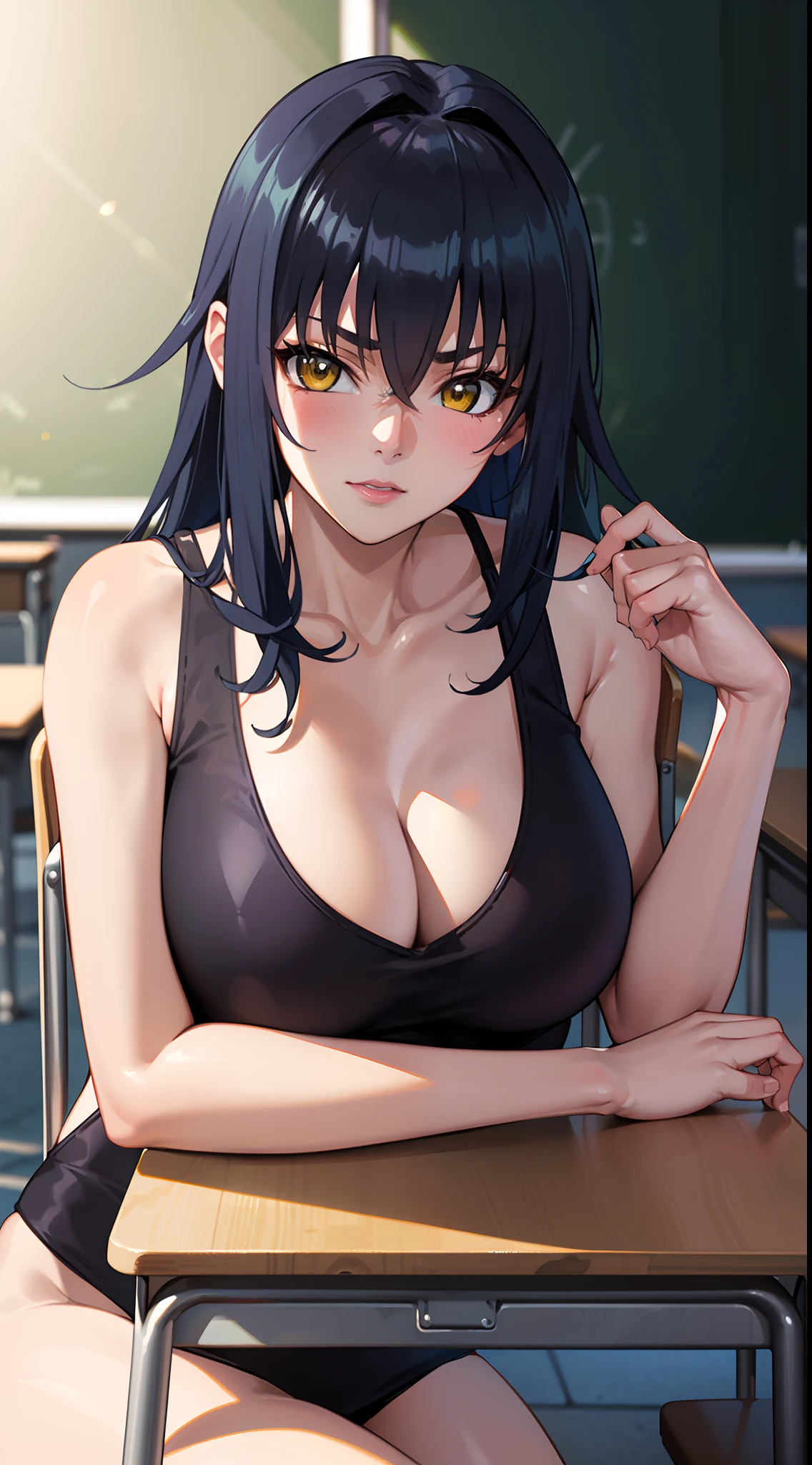 professional artwork, Intricate Details, field of view, sharp focus, detailed painting, photorealistic lighting, trending on pixiv,(masterpiece:1.0),(best_quality:1.0), ultra high res, ultra-detailed, photography, 8K, HDR, highres, absurdres:1.2, Kodak portra 400, film grain, sharp focus, bokeh:1.2, lens flare, (vibrant_color:1.2), (((indoors, classroom, classroom details, sitting on chair, perfect anatomy sitting, leaning to table))), Annerose, 1girl, female mature, black hair, long hair, (yellow eyes), large breasts, white colored tanktop, blue colored short pants, higheels, skin tight, hair intakes, cleavage, (solo:1.4), (upper body, half body shot),