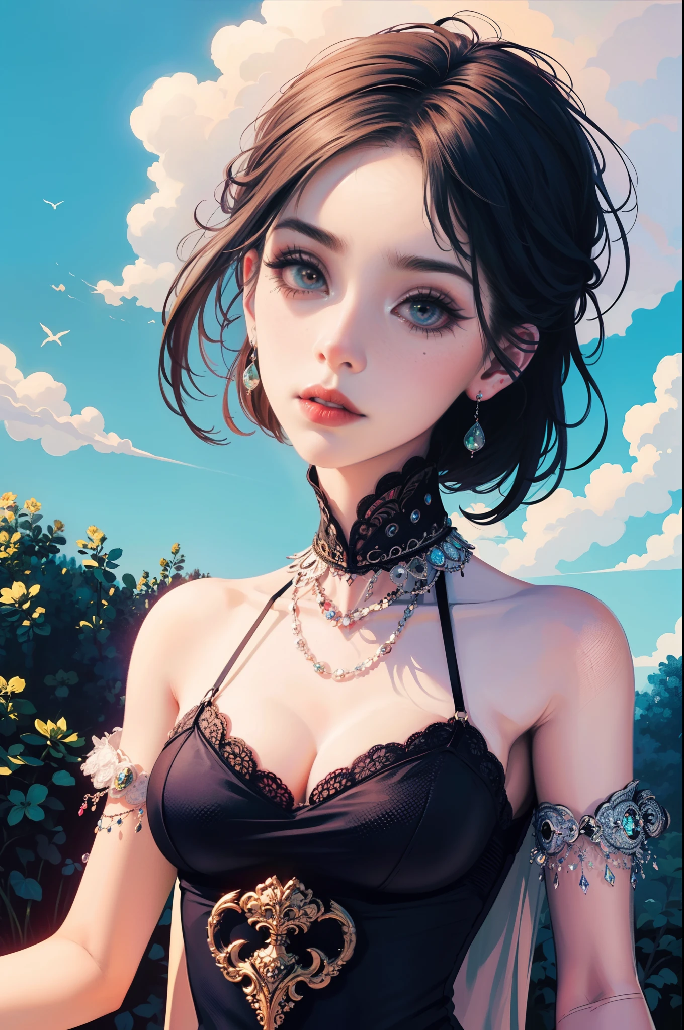 (Best quality) (master piece ) perfect face. En un hermoso parque una mujer de aspecto moderno. It has a very colorful and striking kawaii gothic style.., con un maquillaje elegante y una peluca colorida. ((cabello arco iris))
