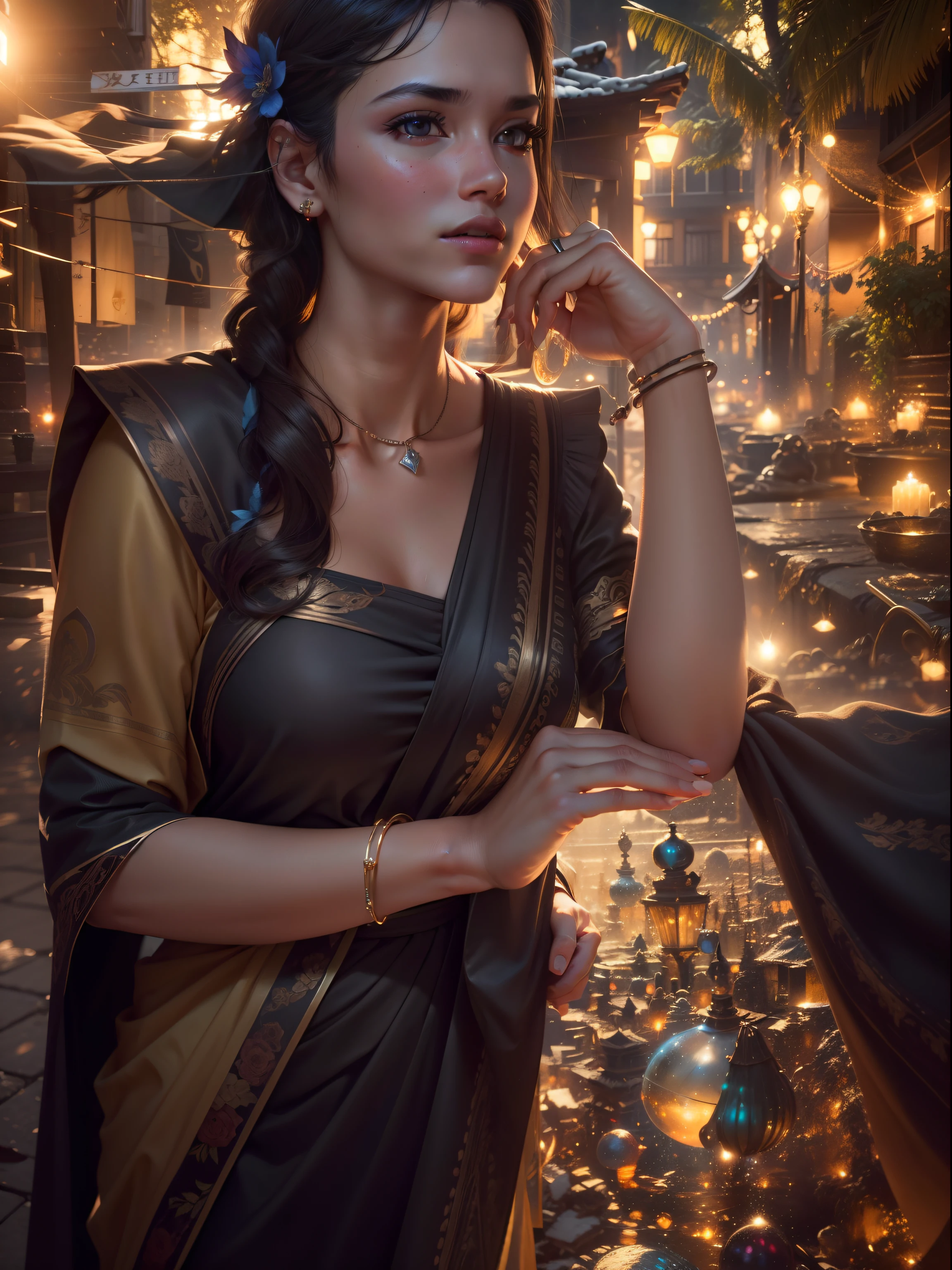 best quality, masterpiece, highres, 1girl,indan dress,hair ornament,necklace, jewelry,Beautiful face,upon_body, tyndall effect,photorealistic, dark studio, rim lighting, two tone lighting,(high detailed skin:1.2), 8k uhd, dslr, soft lighting, high quality, volumetric lighting, candid, Photograph, high resolution, 4k, 8k, Bokeh, hyper realistic face