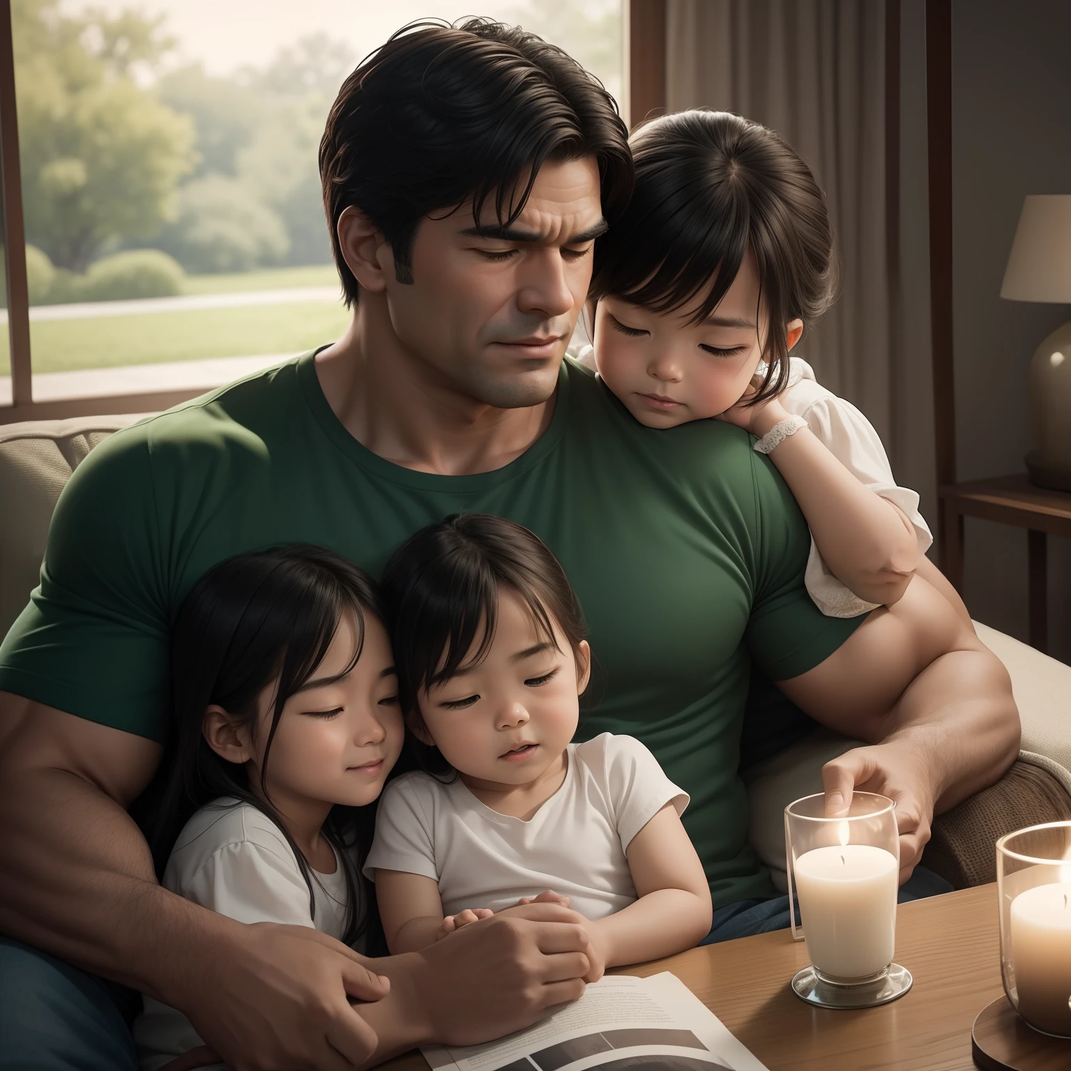 Create an image depicting a heartwarming scene of Hulk with his family. Depict Hulk in a gentle and caring pose, surrounded by his loved ones. The art style should prioritize realism, capturing the details of Hulk's powerful physique, his facial expression, and the individual personalities of his family members. Dress Hulk in casual attire that contrasts his Hulk persona, showcasing his softer side as a family man. Place them in a serene and comfortable environment, such as a cozy living room or a peaceful outdoor setting, to evoke a sense of togetherness and happiness. Utilize soft and warm lighting to enhance the emotional atmosphere and convey the warmth of family bonds. The camera angle should capture the entire family, emphasizing their interactions and connections. Opt for a 135mm+ camera lens to capture the emotions with intricate detail. Render the image in high resolution to capture the authenticity of their family dynamics.