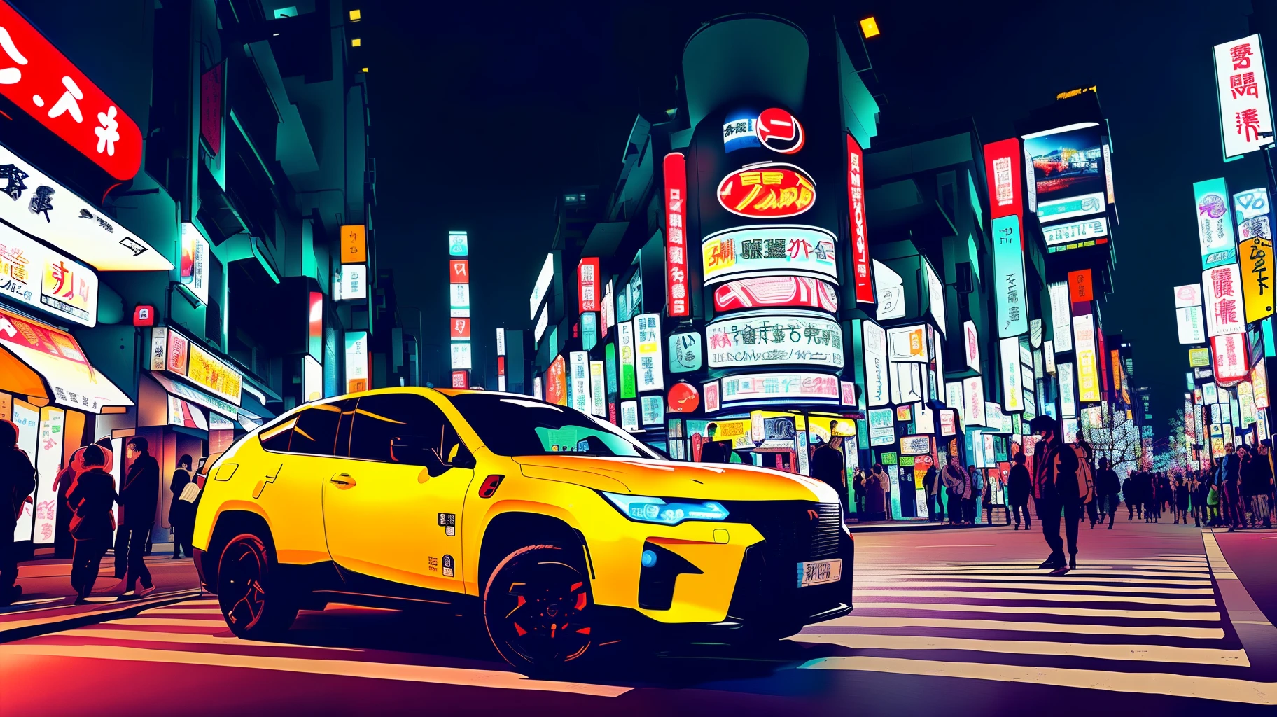 At night it is very bustling like Japan's Kabukicho cyberpunk streets flanked by neon lights and street women，A Zeekr 001 coupe SUV is parked in the middle of the road