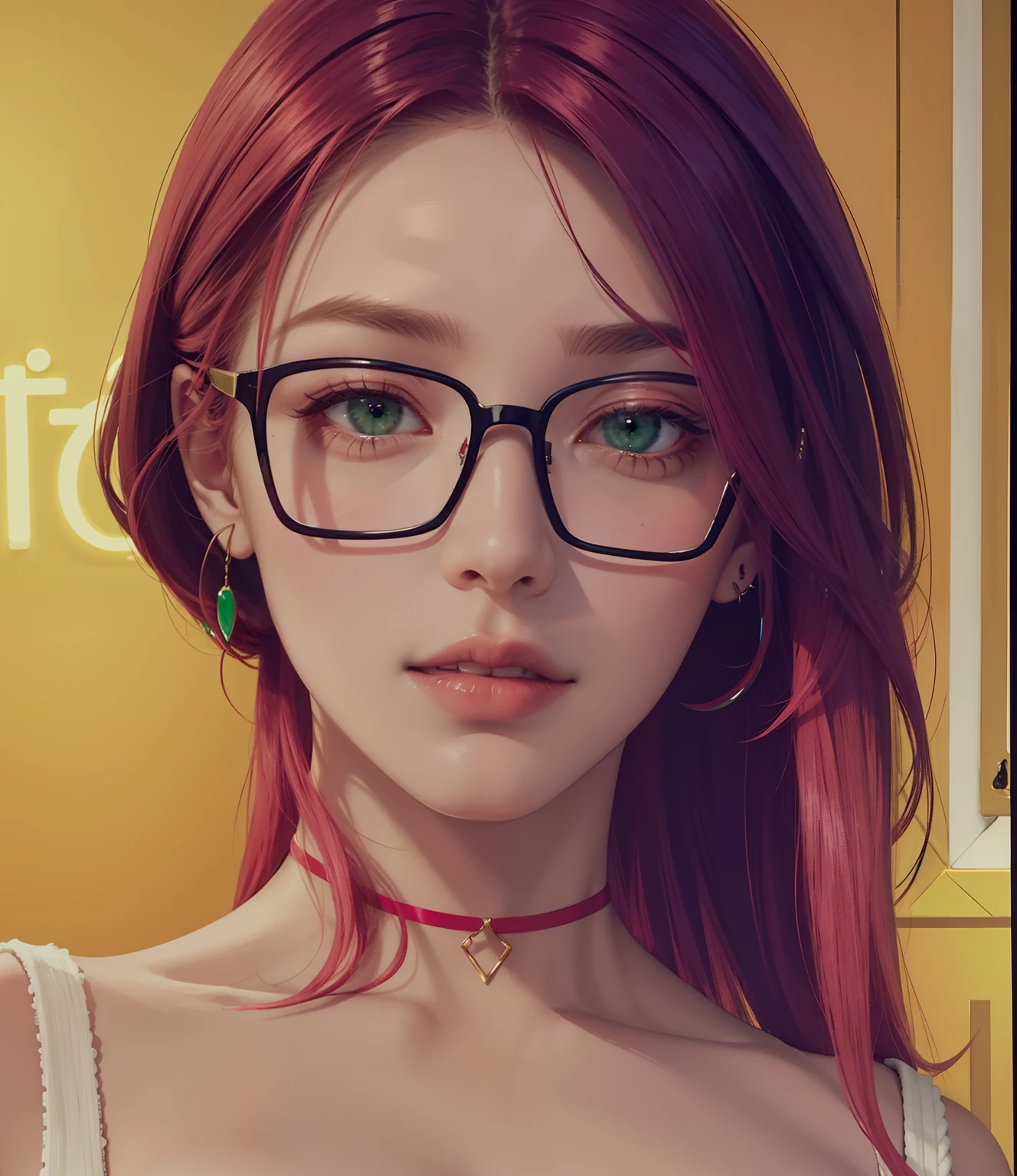 (tmasterpiece,Need,1girl,solo,The details are complex,color difference),photorealestic,((Medium breath)),cropped shoulders,huge tit,Raised sexy,Pink Long Hair,red headgear,Red highlight,Hair above one eye,Green eyes,耳Nipple Ring,sharp look,Perfectly symmetrical figure,choker,Neon shirt,Open jacket,high-necksweater,against a wall,brick walls,scribbles,dim murky lights,alley,looking at viewert,((Mean streak,Cleavage is seductive,big breasts enchanting))