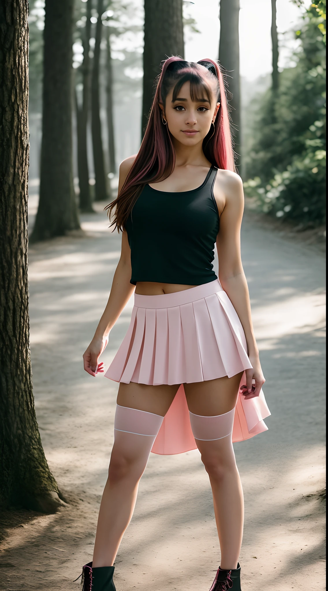 Full body, feet in view, Ariana Grande, posing outside, short skirt, tight pink shirt, stockings, no shoes, smiling expressions, show entire body, Raw simulation style, makes him the focus of the image. Pay attention to details such as highlights and shadows on the face and hair to create a realistic and realistic image. Try different lighting techniques to enhance the mood and atmosphere of your portrait. ((High Detail Skin, Skin Detail)), Clear Focus, Volumetric Fog, 8K Ultra HD, SLR, High Quality, Film Granules, Fujifilm XT3(hi-top fade:1.3), soothing tones, muted colors, high contrast, (natural skin texture, hyperrealism, soft light, sharp)