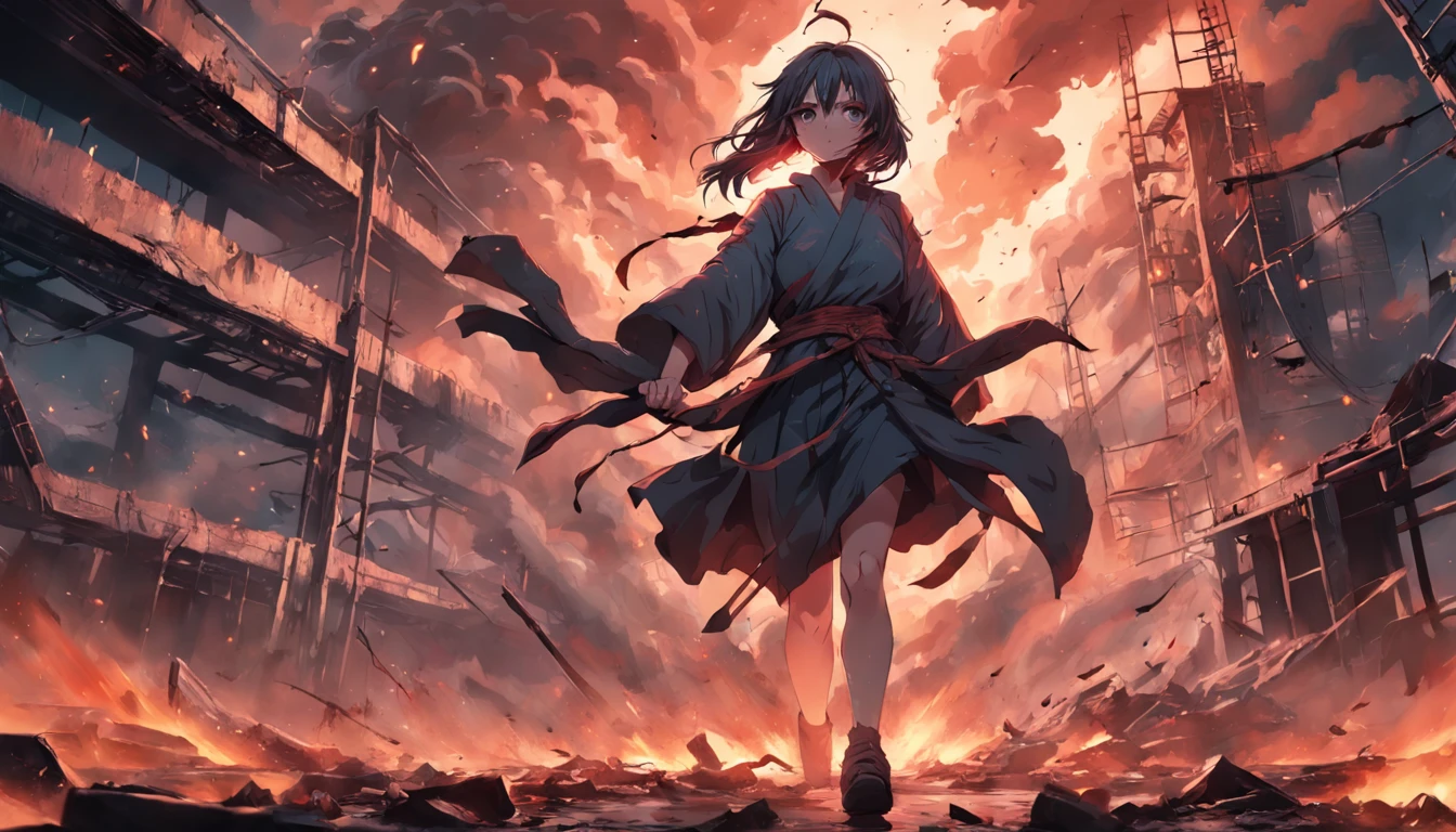 A woman in an apocalyptic scene, fighting valiantly, Torn clothes, blood, dramatic scene (very high detail:1.4) 8k, perfect, best quality, Best Artwork
