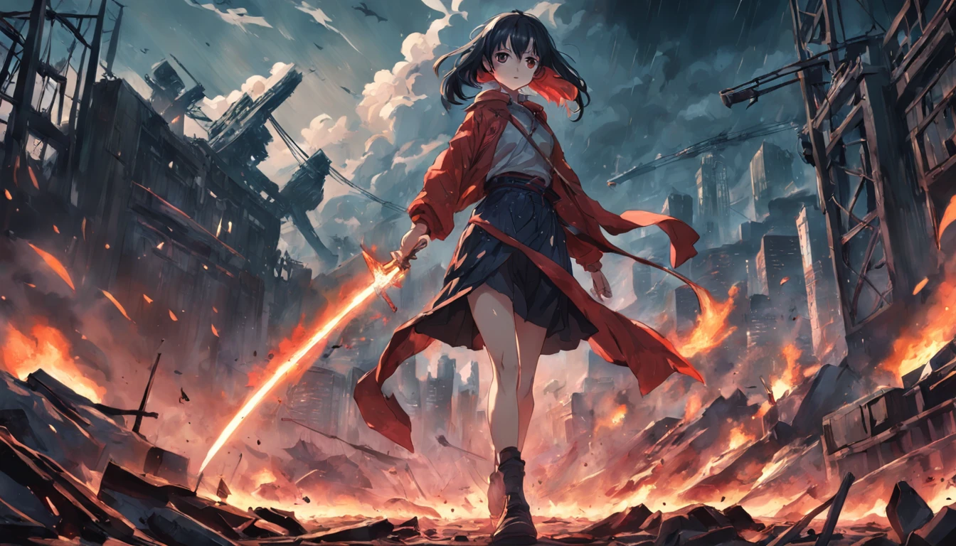 A woman in an apocalyptic scene, fighting valiantly, Torn clothes, blood, dramatic scene (very high detail:1.4) 8k, perfect, best quality, Best Artwork