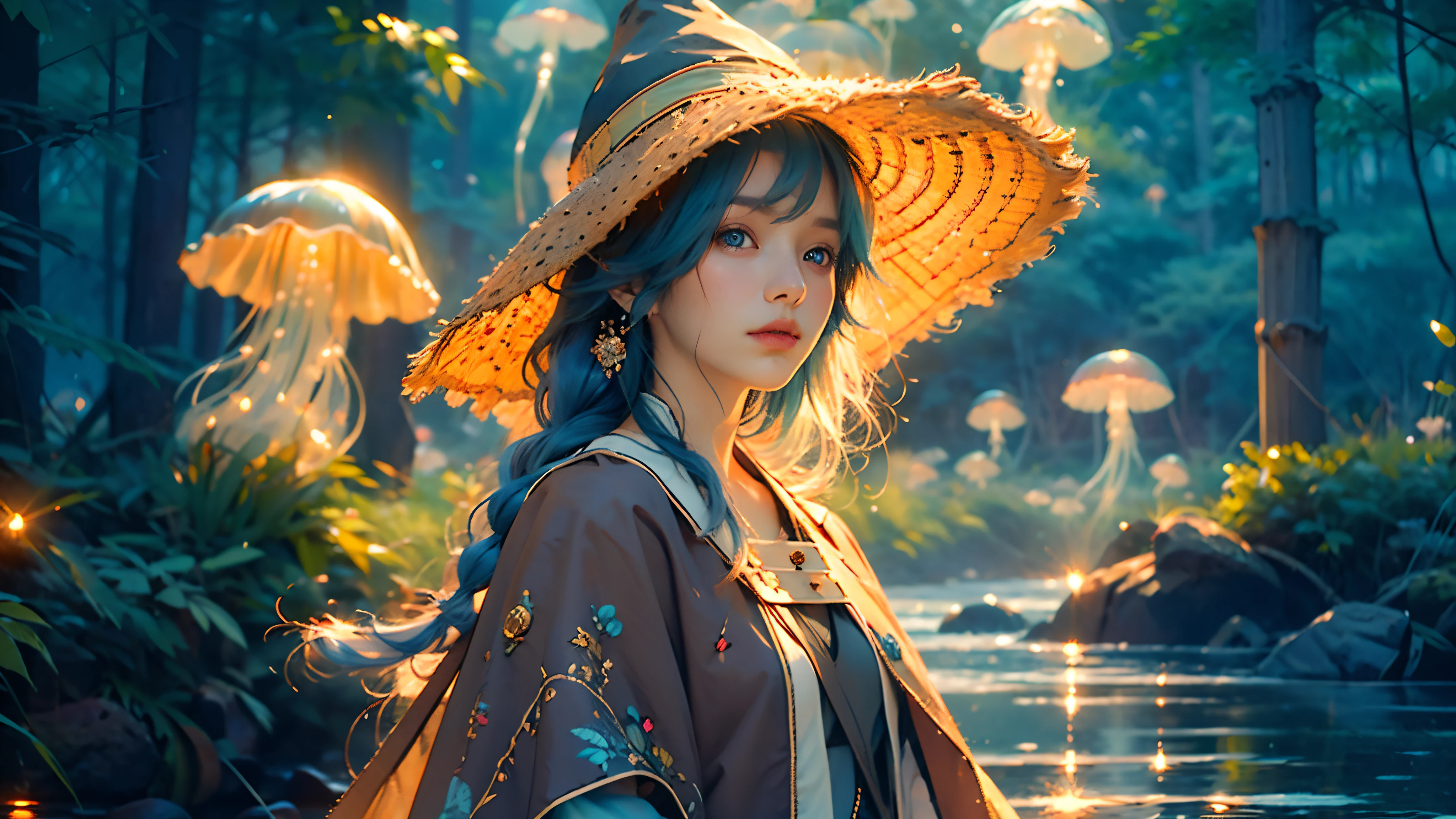 masterpiece, (photorealistic:1.4), green jellyfish,(jellyfishforest:1.4), 1girl, mushroom, scenery, roxy migurdia, detailed face, bangs, black headwear, witch hat, blue eyes, blue hair, braid, brown cape, floating hair, portrait, solo, nature, water, wading, outdoors, tree, standing, fantasy, forest