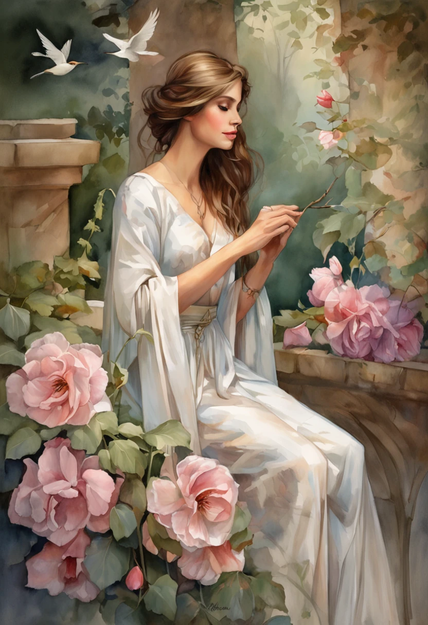 The man below is standing, Gives a flower, The woman, sitting on the ledge, Flowers, Long flowing fabric for dress, clear facesMagalie Villeneuve, magali villeneuve', inspired by Magali Villeneuve, graphic artist magali villeneuve, magali villeneuve and monet, charlie bowater and artgeem, Charlie Bower and Tom Bagshaw, Darius Zawadzki and Tom Bagshaw