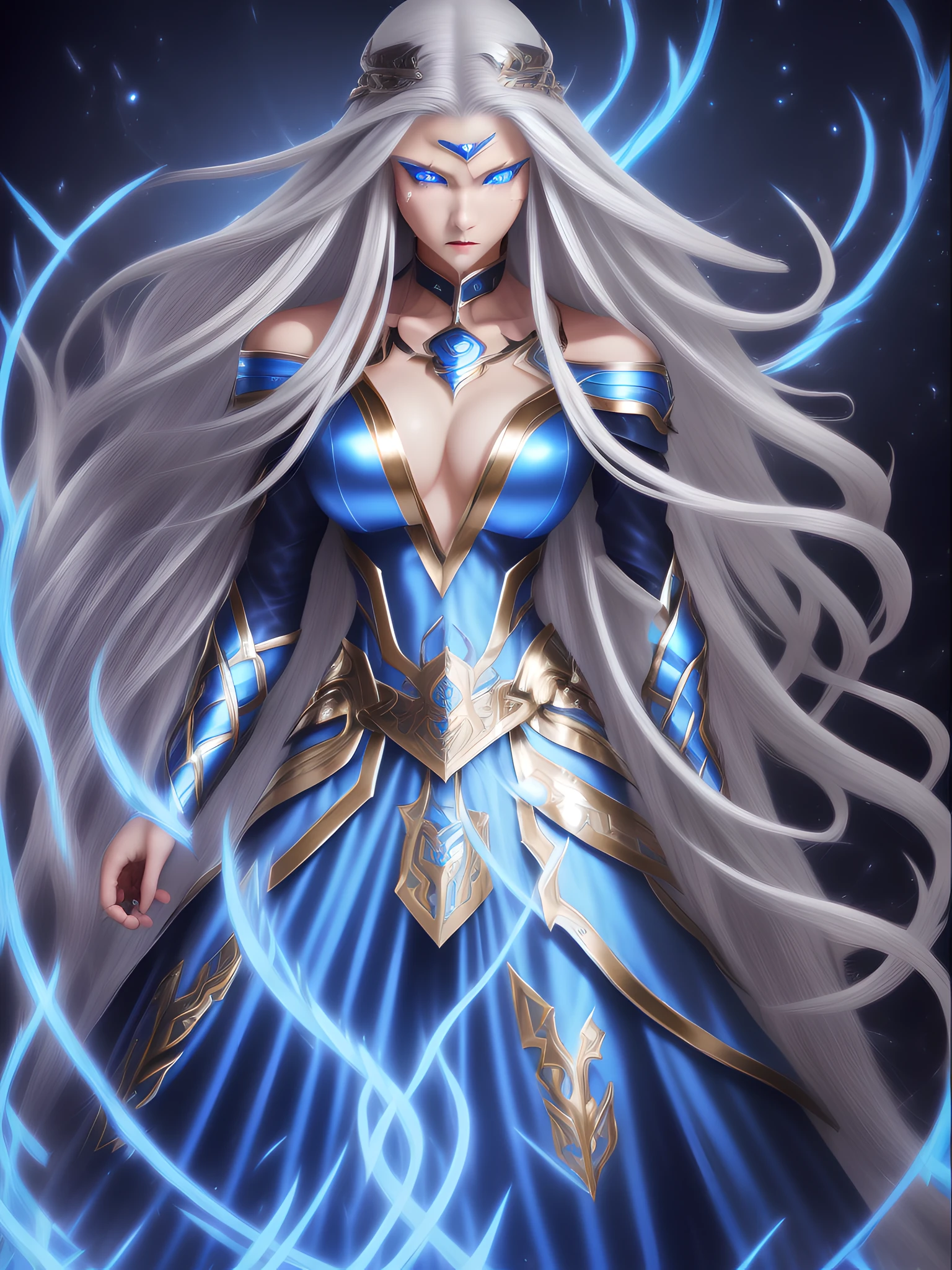 (1 Female Warrior、(Fair skin)、(de pele branca)、Silver hair long hair、(Blue glowing eyes)、Blue Pupils、Golden Eyes、ruthless look、Cultivated woman、Beautiful figure、Perfect Style)、Red Flame