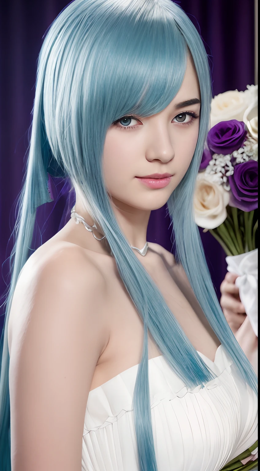 (master piece) brynhildr lancer fgo,20-year old,pure,affectionately gaze,laurel wreath,bride dress,shyly pose, pretty round face,tall,very skinny,slender,light blue hair, cross-cut bangs strongly leans to the right,detailed hair,hugged a bouquet