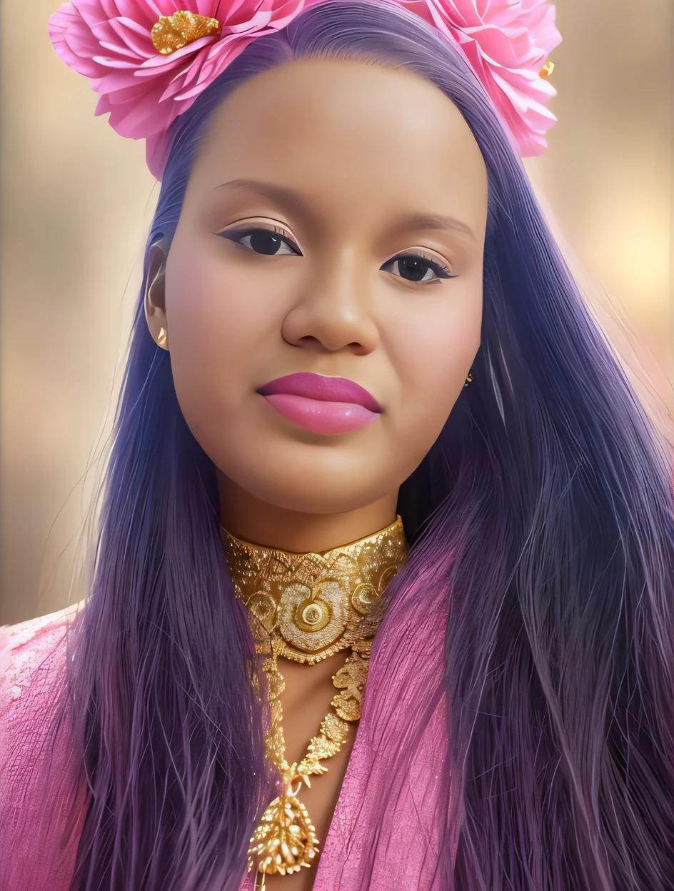 um close up de uma mulher com longos cabelos roxos usando um vestido rosa, lovely bohemian princess, africana de pele clara, cor da pele roxa, her face is a mauve flower, glamour da cor do retrato, color studio portrait, retrato colorido, Retocado no Photoshop, Inspirado em Reyna Rochin, taken in the early 2020s, her face looks like an orchid