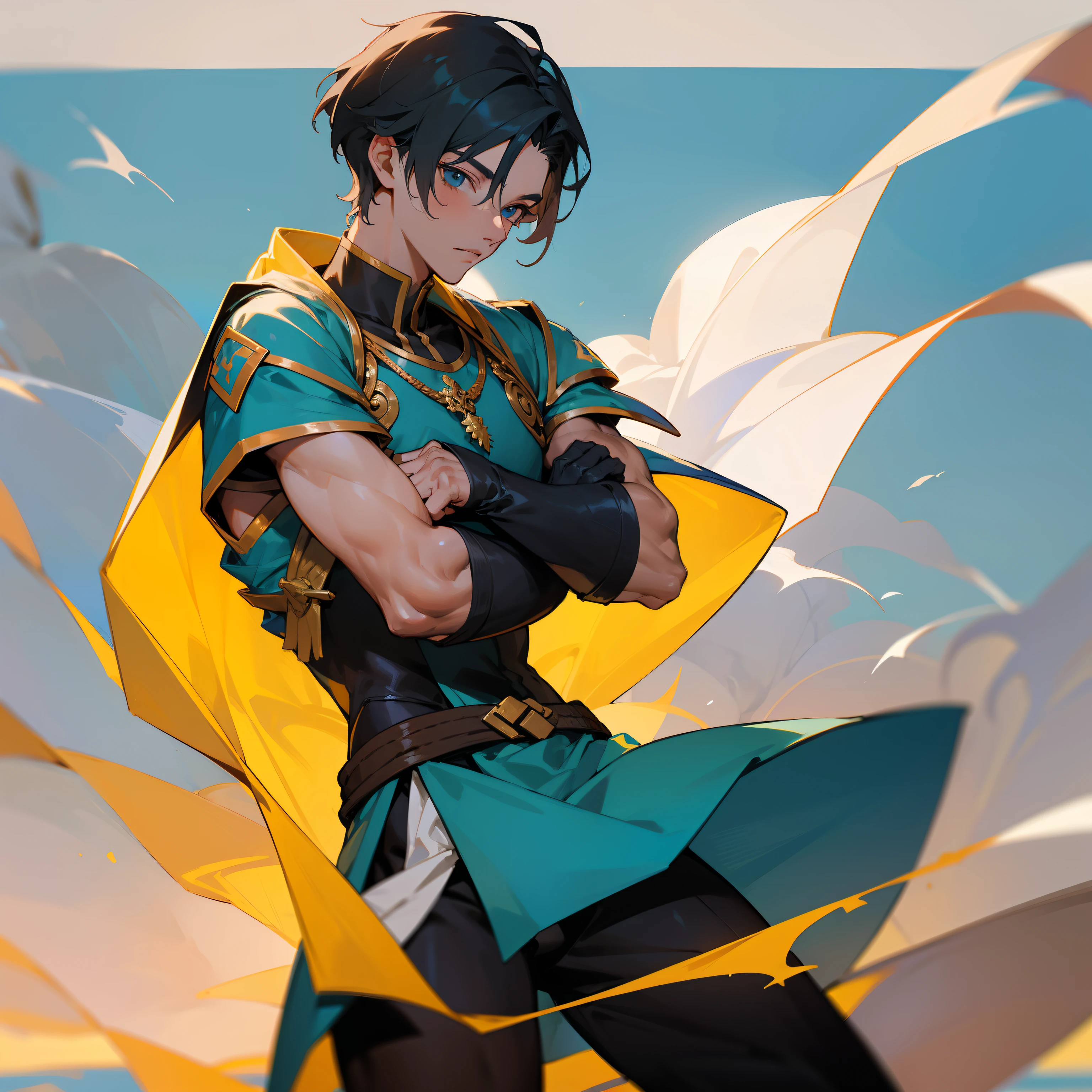 Personagem masculino jovem, olhos azuis, Young warrior prince, com roupas medievais, black gradient haircut, musculoso, fisicamente forte, Body Building Físico, Fundo porto ensolarado. Olhar arrogante.