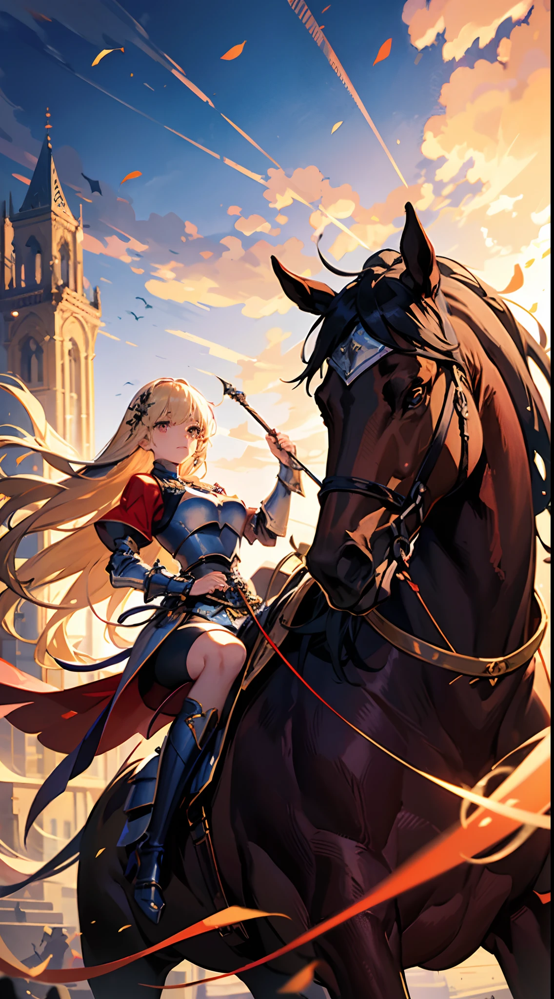 offcial art, Unity 8k wallpaper, Ultra detailed, Beautiful and aesthetic, Masterpiece, Best quality, Tangled, entangle, 1girll，Portrait of a noble knight，Dignified，royal，blond hairbl，cavalier，Horses gallop，divine style，Middle Ages style