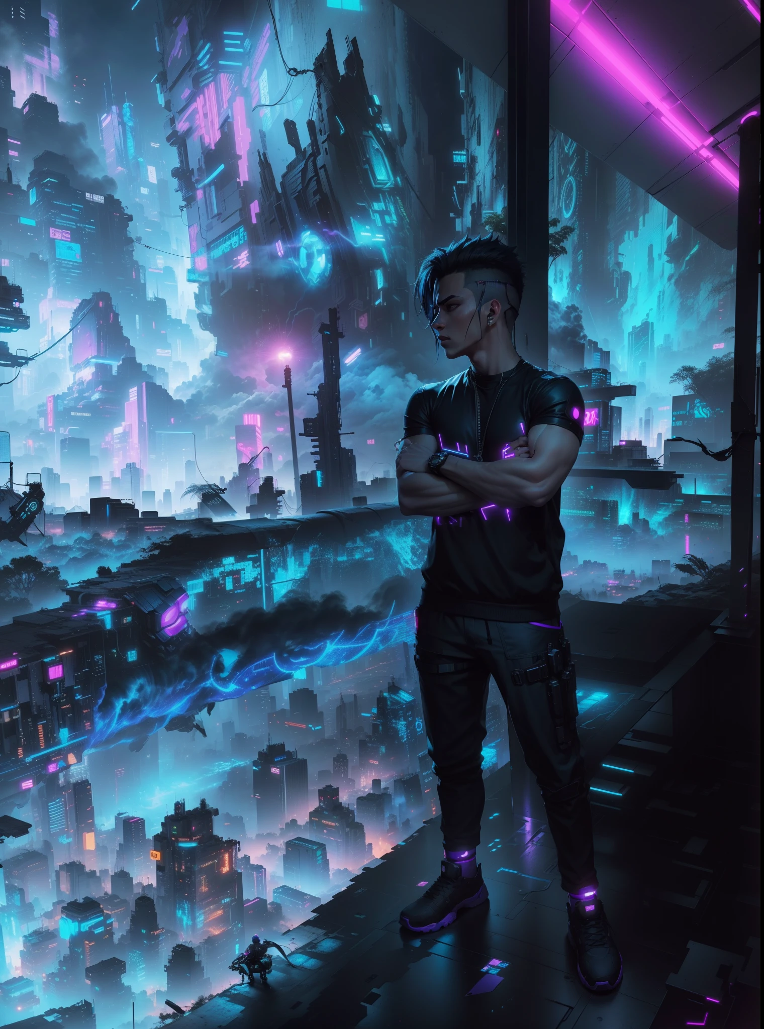 Change the background to a mesmerizing cyberpunk cityscape with stunning 8k quality. Introduce an ultra-realistic and eye-catching cyberpunk dude as the main character. Add a sense of intrigue and futuristic aesthetics with the presence of a stylish cyberpunk boy.