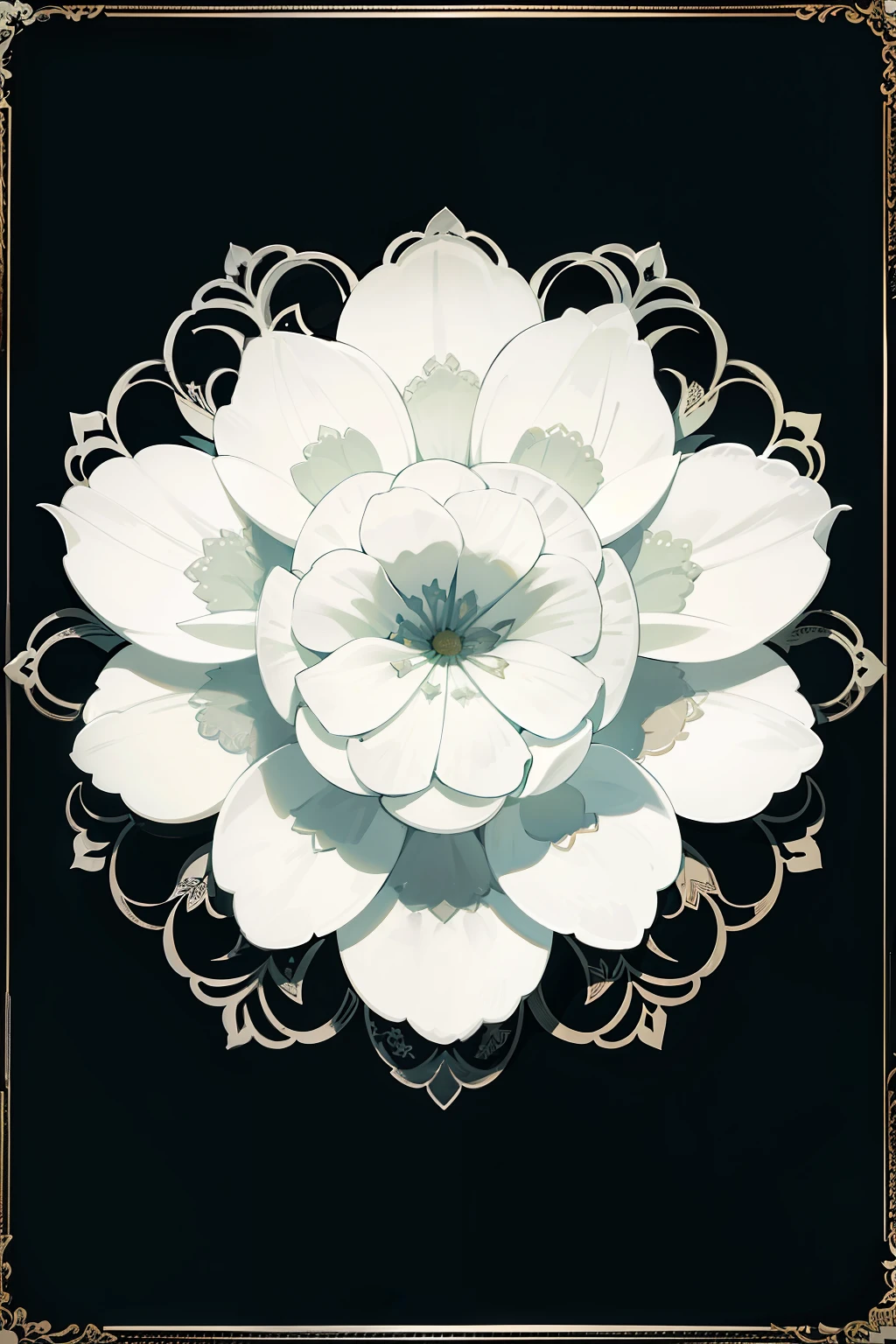 Close up of white flowers on black background, white outline border, floral lacework, large white border, White border, white border and background, white border frame, stylized border, fine filigree foliage lace, Environmental occlusion:3, white outline, translucent roses ornate, flower pattern, flower ornament, Delicate floral ornaments, Lace