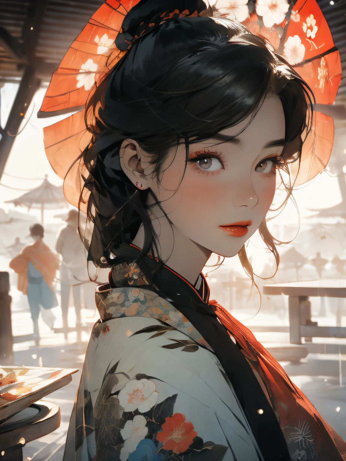 (RAW photos,best qualtiy),(realisticlying,photograph realistic:1.3),High detail, High definition, Vintage woman holding a Chinese fan,Face front,Light on the face,The bones on the face have highlights,Extremely refined and beautiful,astounding,finedetail,tmasterpiece,Hyper-detailing,A high resolution,(Most Best Illustration),(Best shadow),Close-up of face and eyes,Chinese fan,chinese paintings,watercolor paiting,iintricate,(((tmasterpiece,HighestQuali,k hd,high detal)))),retro aesthetic