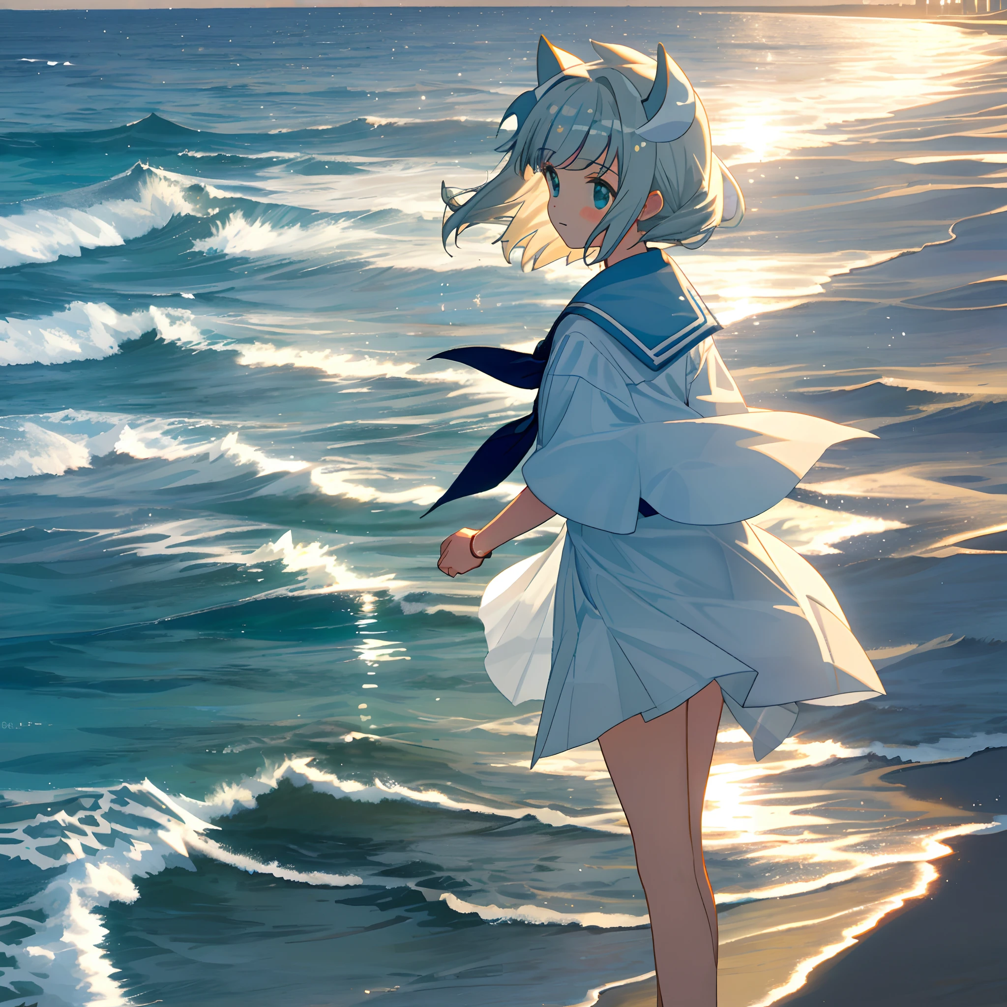 Pure,female high-school student,rays of moonlight,sea beach,