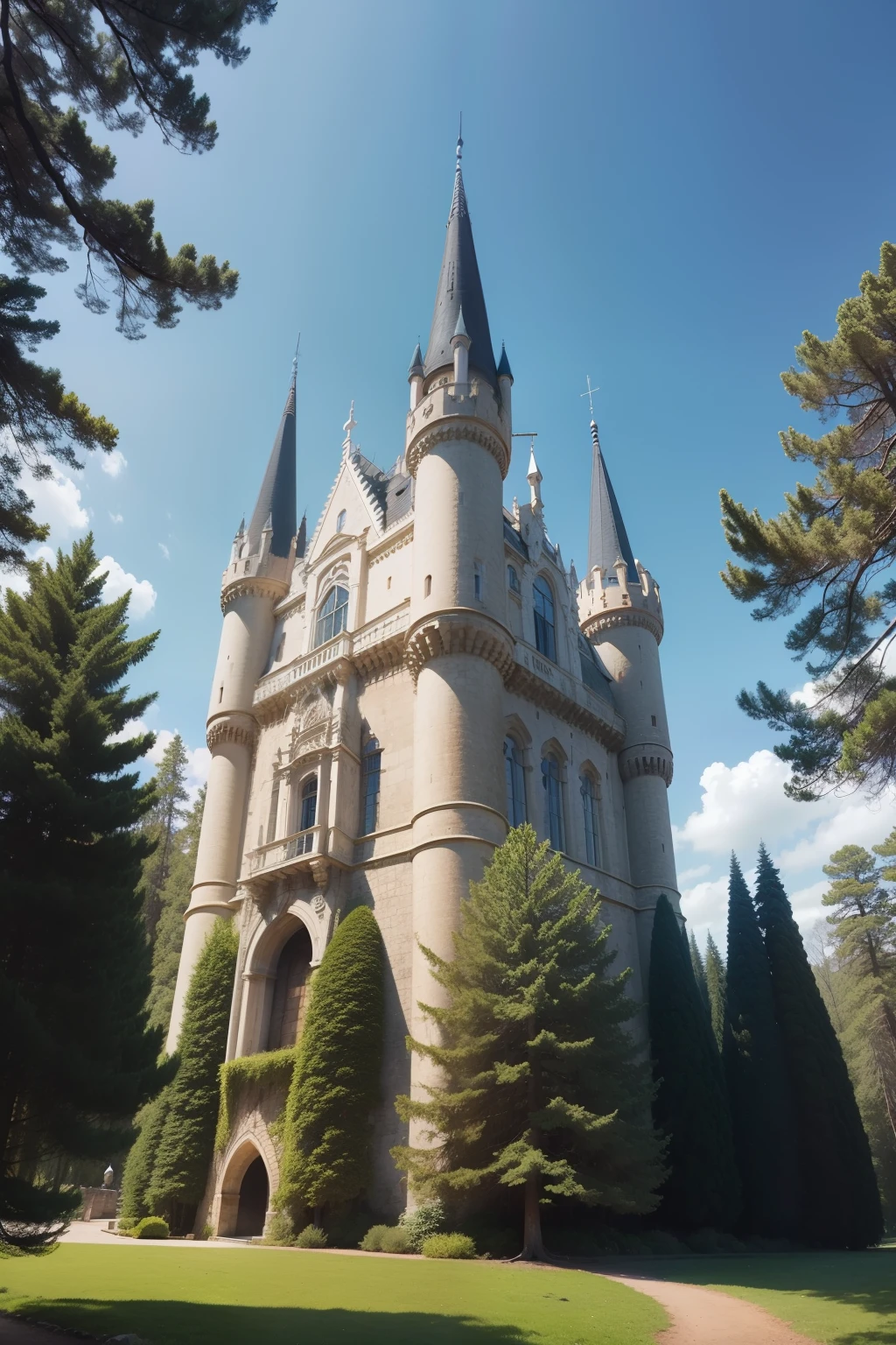 Um Castelo majestoso imponente,Around a forest with tall trees