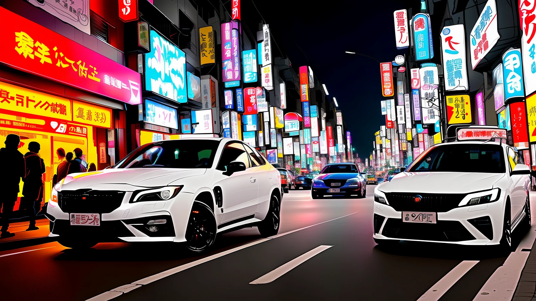At night it is very bustling like Japan's Kabukicho cyberpunk streets flanked by neon lights and street women,A Zeekr 001 coupe SUV is parked in the middle of the road