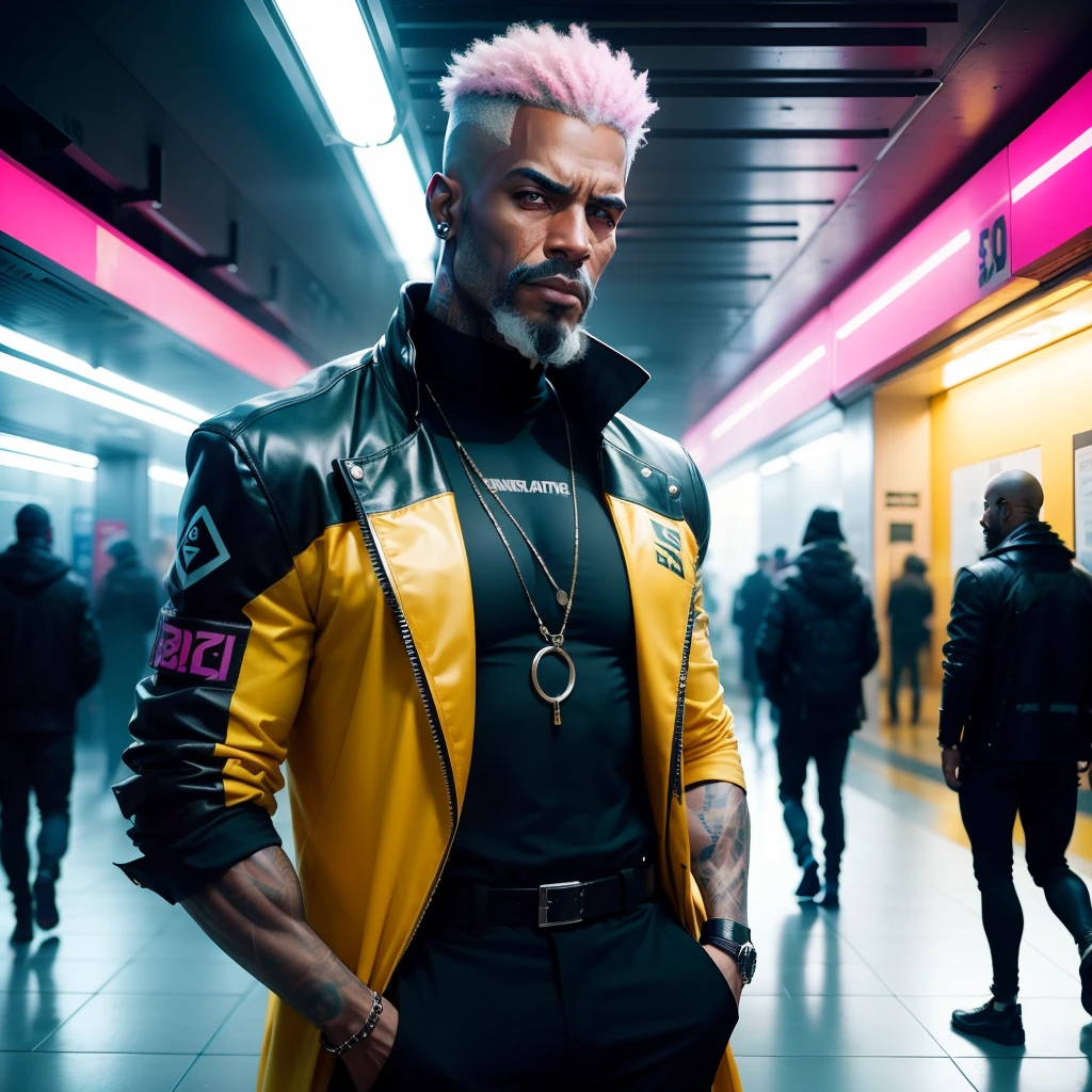gostaria de uma imagem estilo cyberpunk em 4k de 3 personagens de mais ou menos 40 anos ,portanto,portanto,africano, forte, musculoso,Bodybillder,muito forte de pele negra ,barba grande,barba, Estiloso Barbon,com cabelo punk estilo anos 80 na cor amarelo e cinza escuro,muito eLegante,, futurista e estiloso neon , com uma tatuagem super colorida e com neon ,Toattoo, facing a metro station on the platform , with station lights failing in a dimly lit environment, standing dressed in a dark yellow suit with a pink bow tie and baggy shirt.