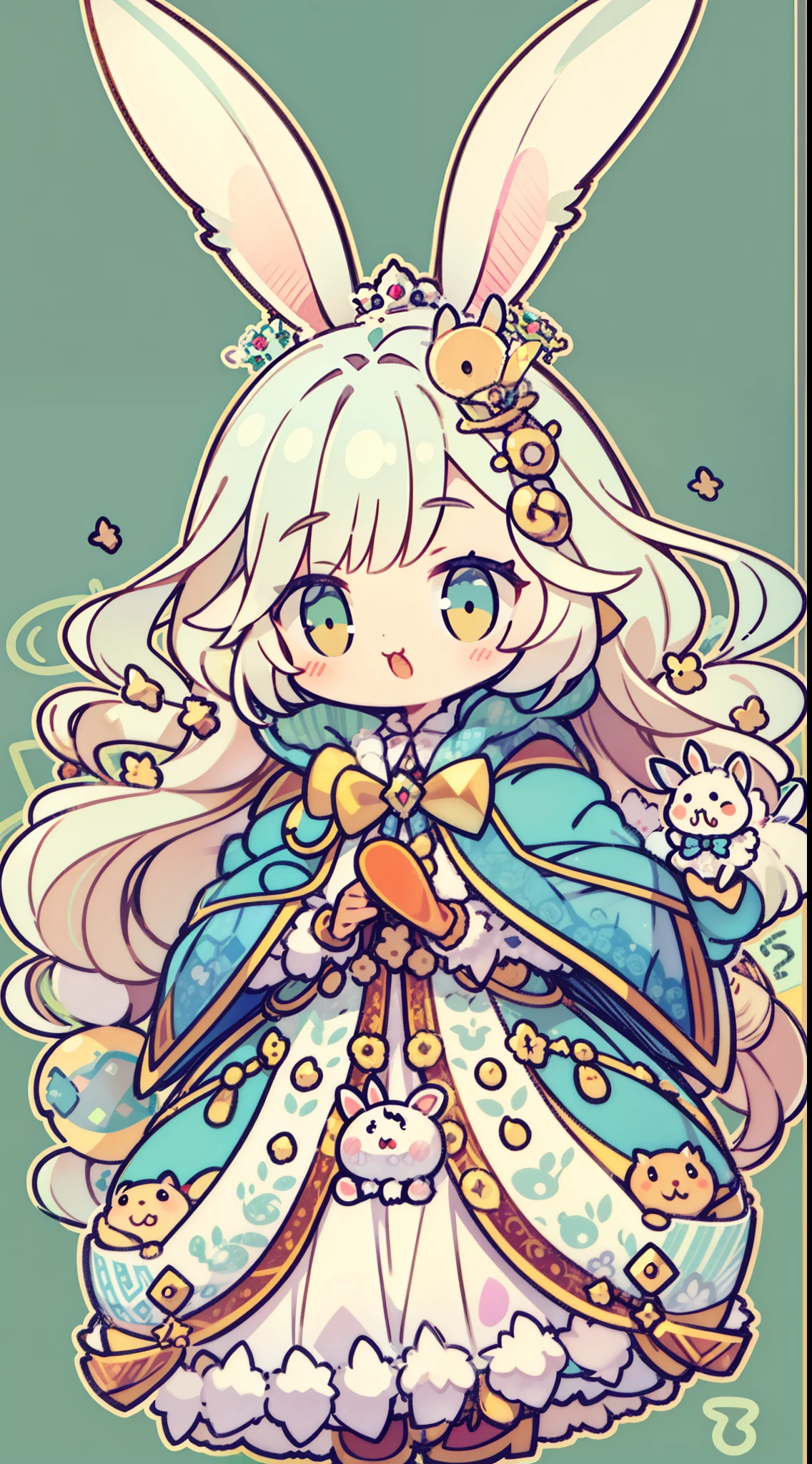 Queen rabbit、Multiple facial expressions、Anthropomorphic cute rabbit、Cute characters from fairy tales、Cute rabbit in coat、18th century French clothing、Colorful colors、An ultra-high picture quality、Super delicate、Character design drawings、Full body like、Multiple Pose、