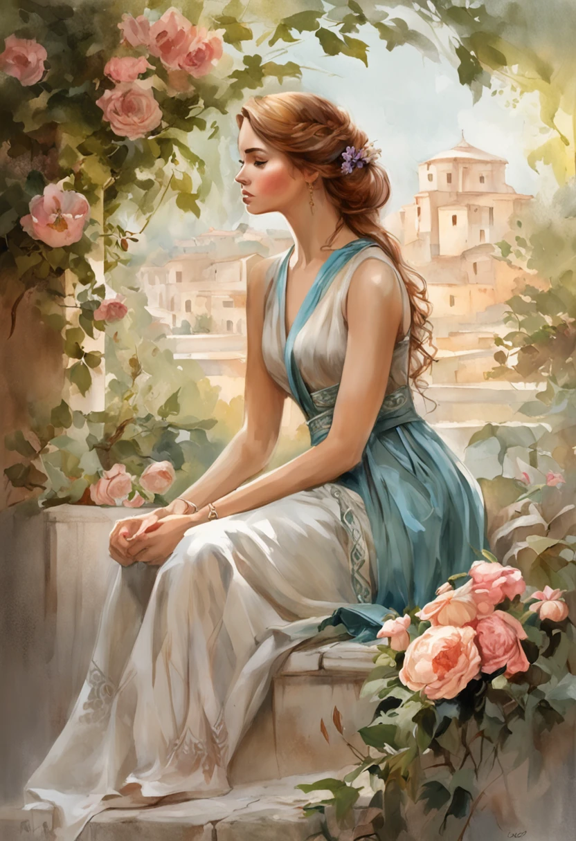 The man at the bottom is standing, Gives a flower, The woman, Sitting on the ledge, Flowers, Long flowing fabric for dress, clear facesMagalie Villeneuve, magali villeneuve', inspired by Magali Villeneuve, graphic artist magali villeneuve, magali villeneuve and monet, charlie bowater and artgeem, Charlie Bower and Tom Bagshaw, Darius Zawadzki and Tom Bagshaw