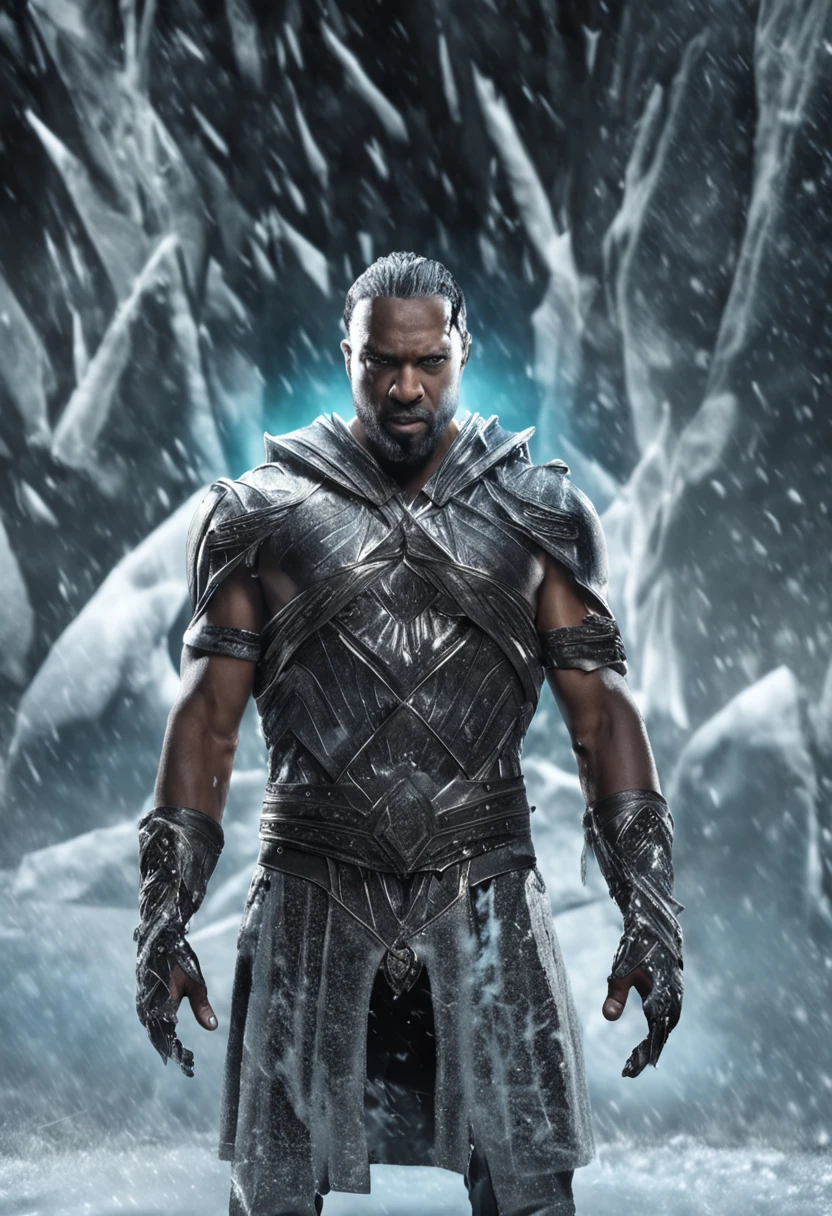 Realistic, ((Masterpiece)), ((Best quality)), (Detailed), Cinematic, Dynamic lighting, soft shade, Detailed background, Professional photography, Depth of field, Intricate, Detailed face, Subsurface scattering, photo-realistic hair, Realistic eyes, Muscular, Manly, Photo of a handsome man, ice shards, Ice, crystal, magic, Dynamic pose, Fighting stance, Portrait, Upper body, Shoot ice cube fragments from your hands,