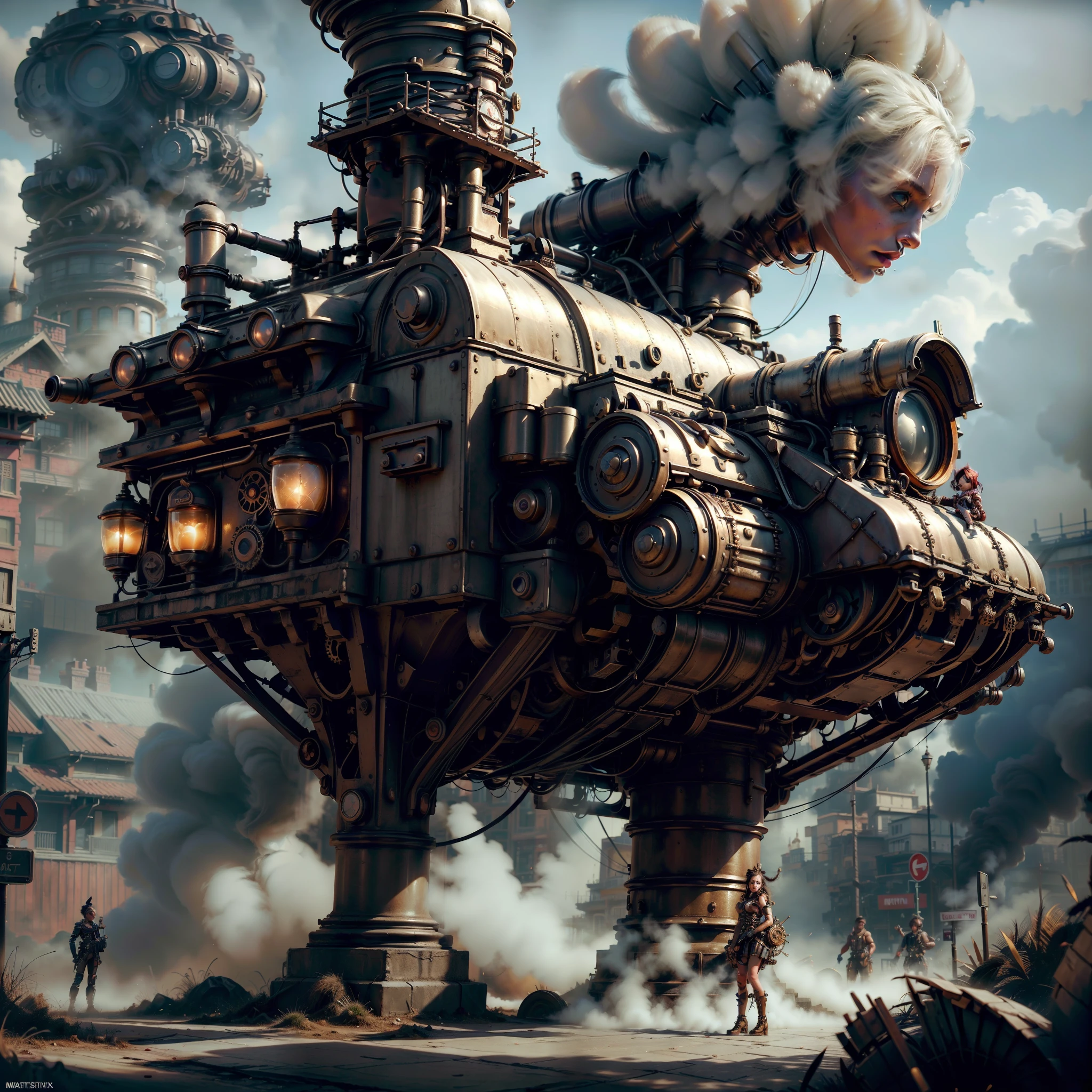 There's a sexzy actress busty Kushboo and muscled male with friends,street punk, standing with Steam punk Helicopter,dusky skin, with muscled body,less dress,Royal look, steampunk + cyperpunk urban city, sexzy full body view top to bottom, standing in backview turning camera, random camera angle ,dark smoke fog background,street punk digital, , Wojtek FUS, arte digital street punk, detailed wild street punk illustration, Portrait of a gold and copper mechanical woman, arte street punk, sci-fi street punk,sexy beautiful face, doe shape eyes, full lips. slim body, breathtaking beauty, vibrant, comprehensive cinematic, 8k, cinematic lighting, best quality, 4k
