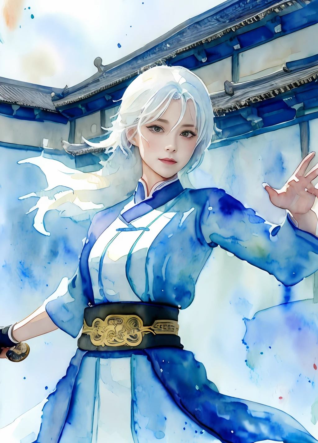 tmasterpiece, top-quality, (WaterColor style:1.4), 电影灯光, Chinese white-haired kung fu master，Black tunic，Sword dance，Light rain，full bodyesbian，Ancient temple，water stain，Color melting，Oh yes