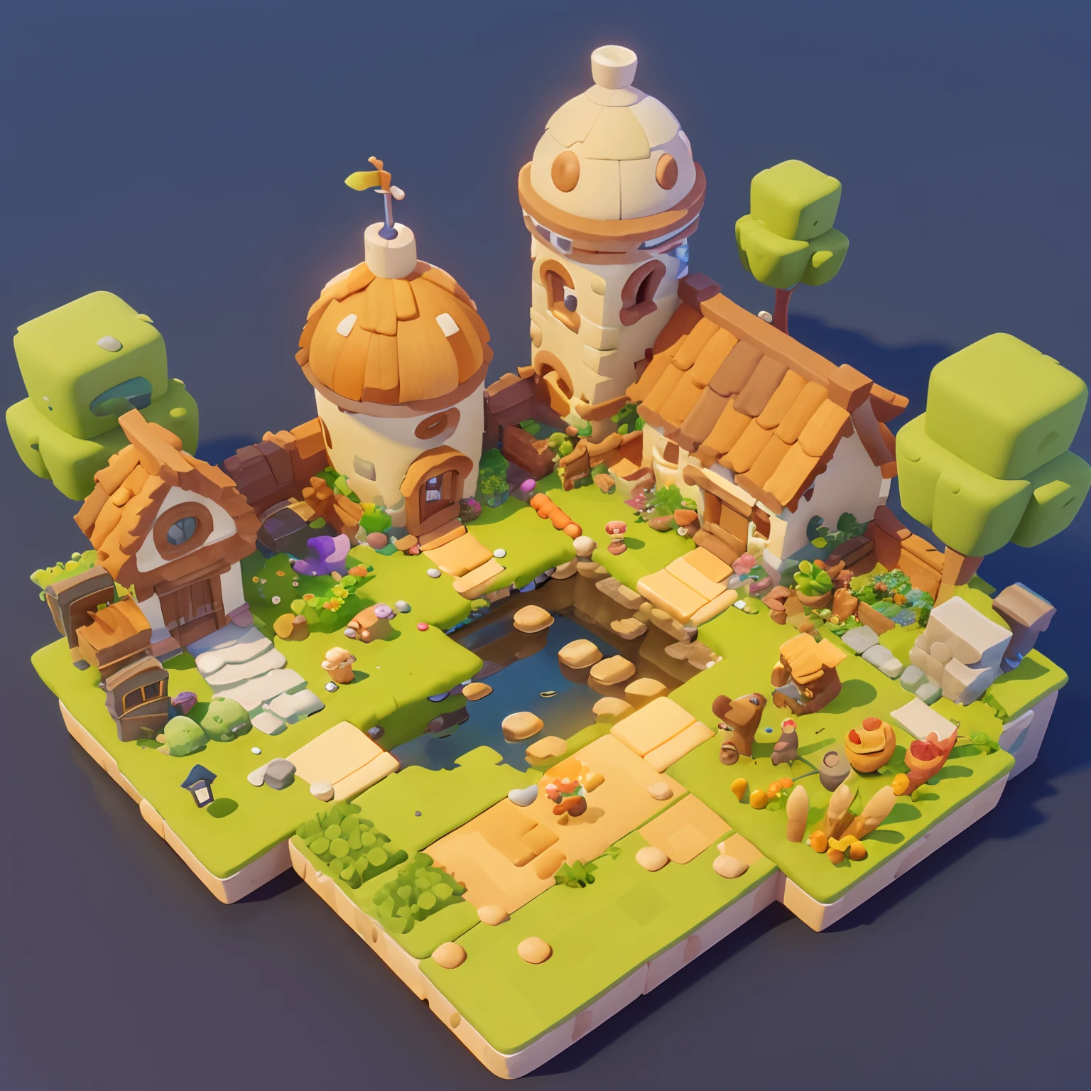 Game architecture design, cartoon, farm, stone, brick, grass, river, flowers, vegetables, wheat, trees, animals, casual play style, 3d, blender, masterpiece, super detail, best quality