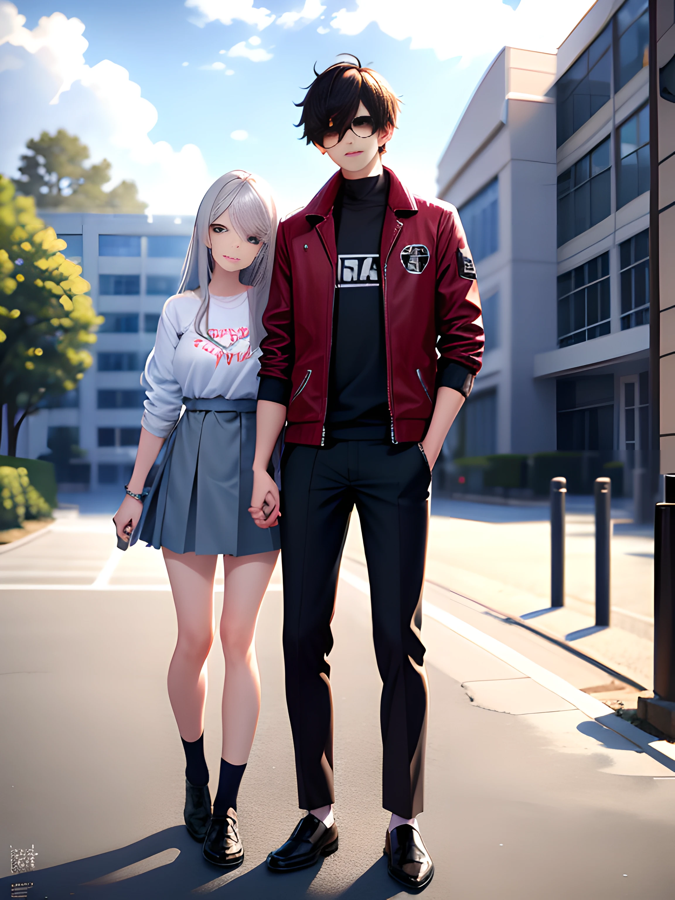 A couple， schools， Casual couple outfits， doors， zaun， tmasterpiece， Best quality at best， highly  detailed，Full body photo