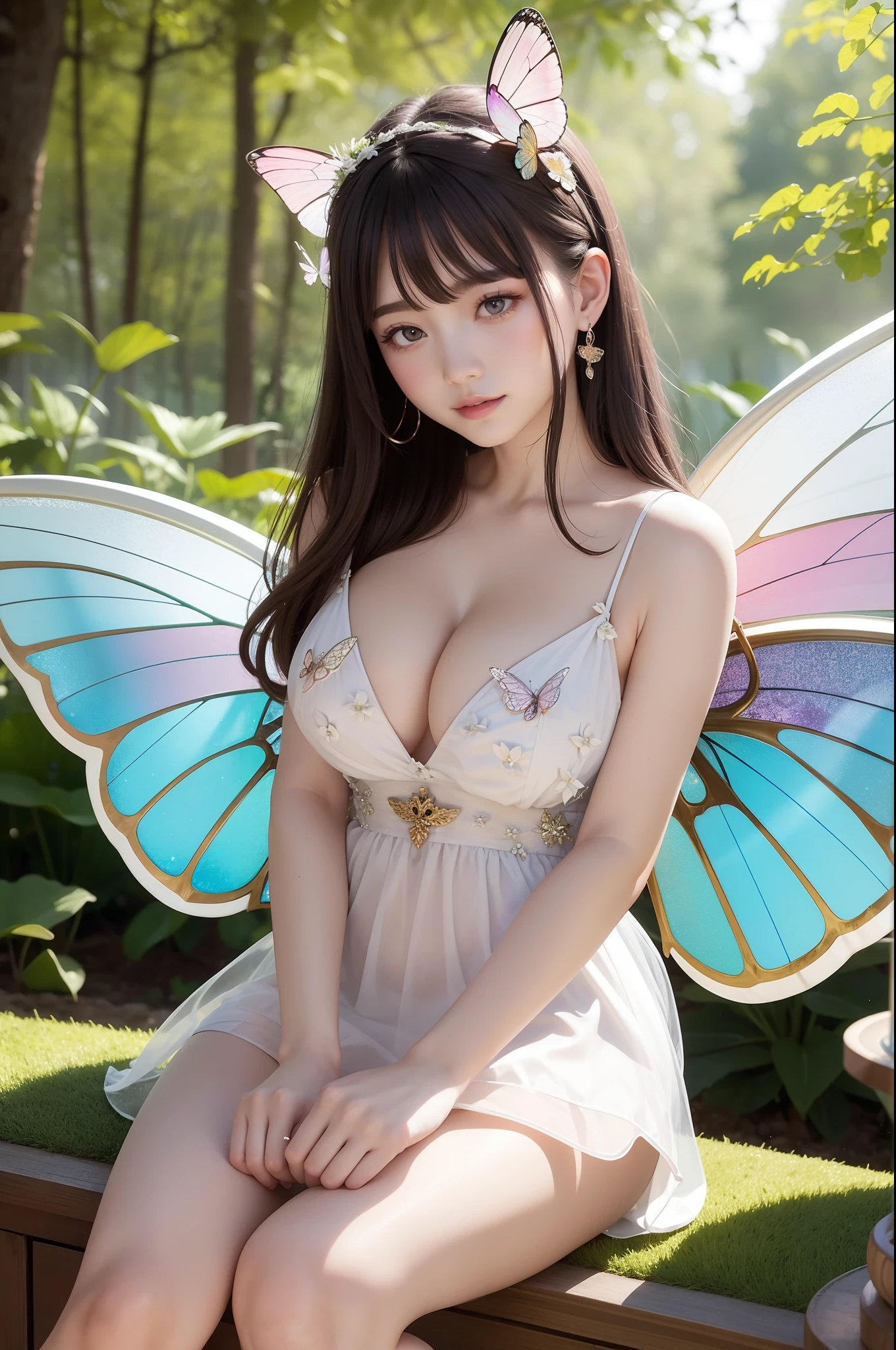 bokeh dof、thick mist、sitting on、Fairy of light appeared in the forest at dusk in spring. She is a beautiful, Pale, Bright female figure with stained glass butterfly wings on her back. She wears elaborate and delicate ornaments. Fantastic forest fountain with wildflowers. Detailed drawings. Vivid colors. high、Lake at dusk、The lotus flowers、see-through pink dress、top-quality、Cuticle hair
