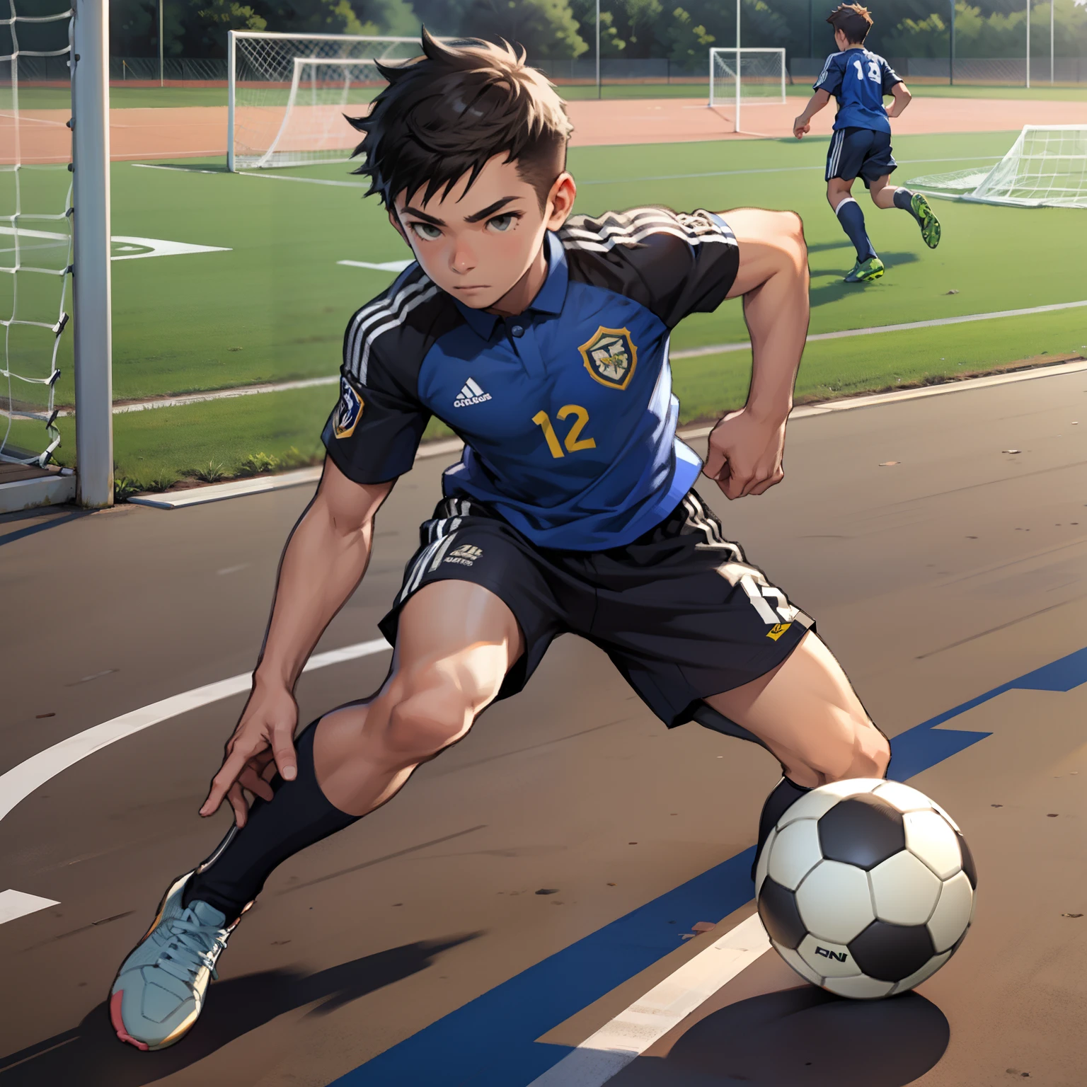 A boy is playing soccer,soccer court