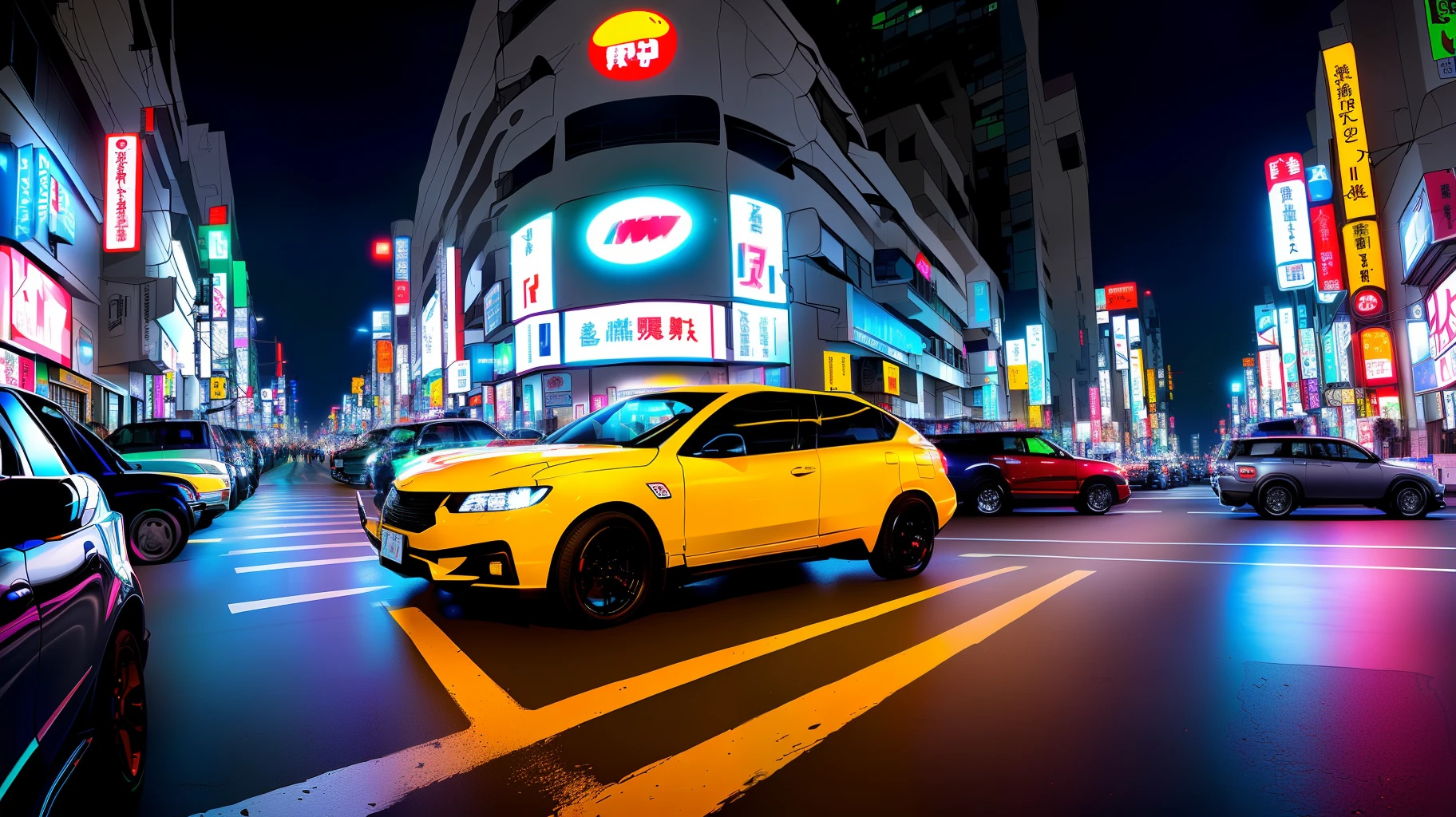 At night it is very bustling like Japan's Kabukicho cyberpunk streets flanked by neon lights and street women,A Zeekr 001 coupe SUV is parked in the middle of the road
