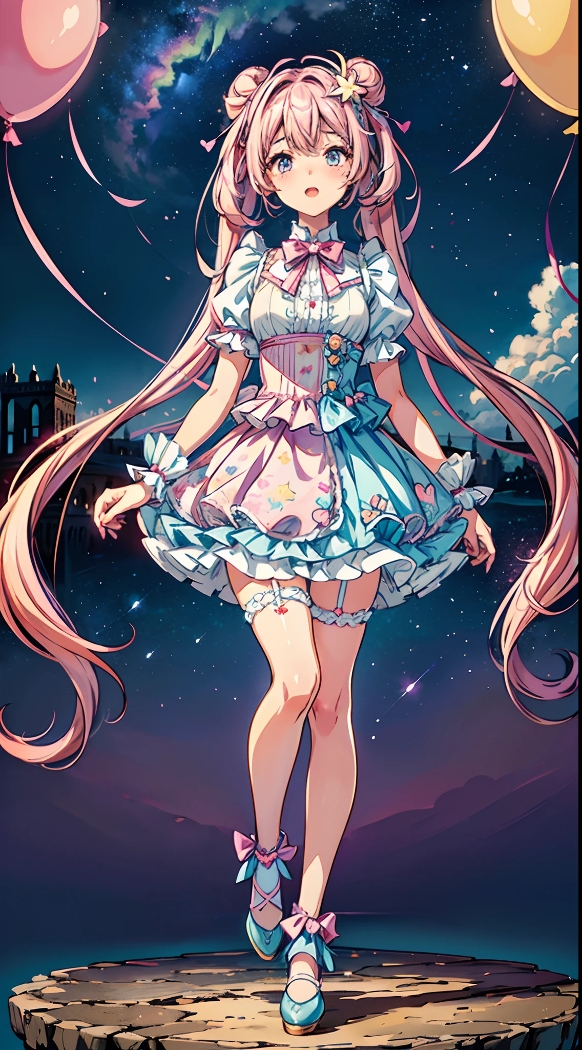 (fullbody, legs and shoes visible: 1.2)) expressive eyes, 1girl, pale skin, long hair, windblown hair, ((absurdly long hair)), long sidelocks, hime bangs, hair fringe, hair bun, ((very long twintails)), iridescent hair, light pink hair, blushing, full face blushing, big sparkling pastel purple eyes, (gradient eyes), open mouth smile, cute pose, ((holding balloons : 1.3)) 
((cute and pastel fashion)) ((🦄🎠🎈🎉 theme : 1.4)) flowy pastel dress, ((dreamy multicolored open dress)), (floating ribbons), lavender ruffles, pink frills, (light blue lace), detached short sleeves, puffy skirt, ((rainbows and stars print skirt : 1.3)), lolita skirt, purple bows, ((pompon ribbons hair ornament : 1.4)), multiple bows, striped lace stockings, (heart shaped leg garter), cute (pastel purple) shoes ((hyperdetailed clothing and fashion)) looking at you, vintage girl, blushing, (beautiful detailed eyes), (extremely detailed CG unity 8k wallpaper) (best shadow), ((an extremely delicate and beautiful)), (detailed light), ((depth of field)) big head, big sparkling eyes, moe, splash art, cinematic lighting, frontal view, volumetric lighting maximalist photo illustration 64k resolution high res intricately detailed complex key visual precise linear 
((in the dreamy pastel sky background, surrounded by sunset clouds, shooting stars, castles in the clouds)) ((hyperdetailed scenery, foggy clouds, suspended by balloons, hearts : 1.3))