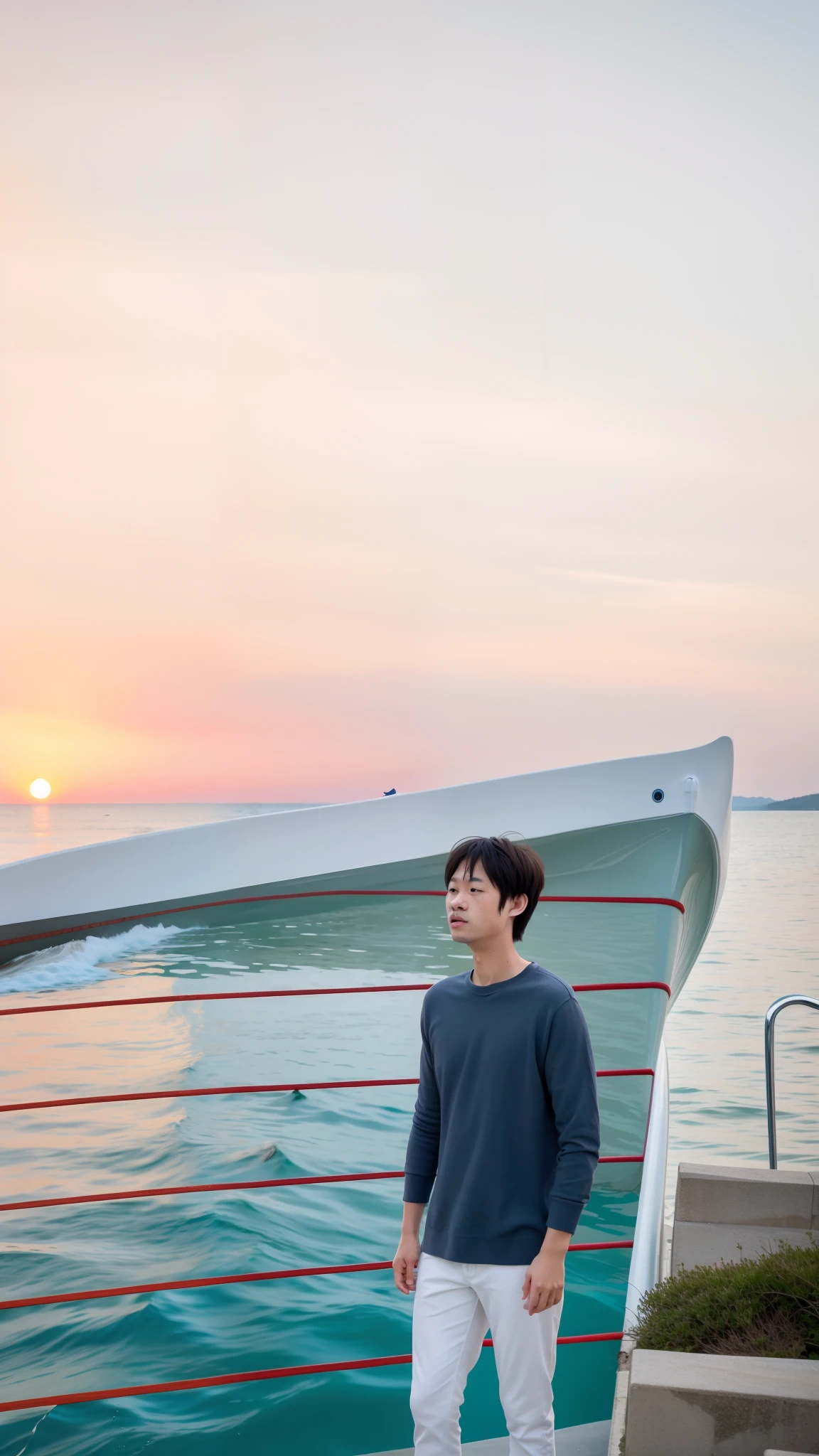 Change background to sea,realistic face, same face, hyperrealistic ultrarealistic, nature, realistic face, same face detailed, hyperrealistic, ultrarealistic, boat floating on sea