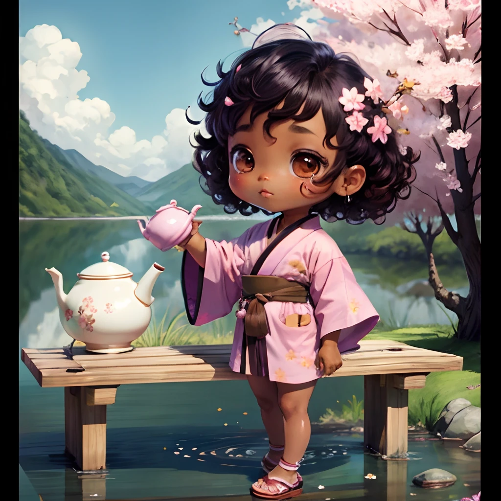 Cute brown skinned baby chibi anime, with freckles,purple and pink kimono, in a teapot, drink tea, curly black hair, in a frame, full body, wear sandals, swim in a teapot, cherry blossom