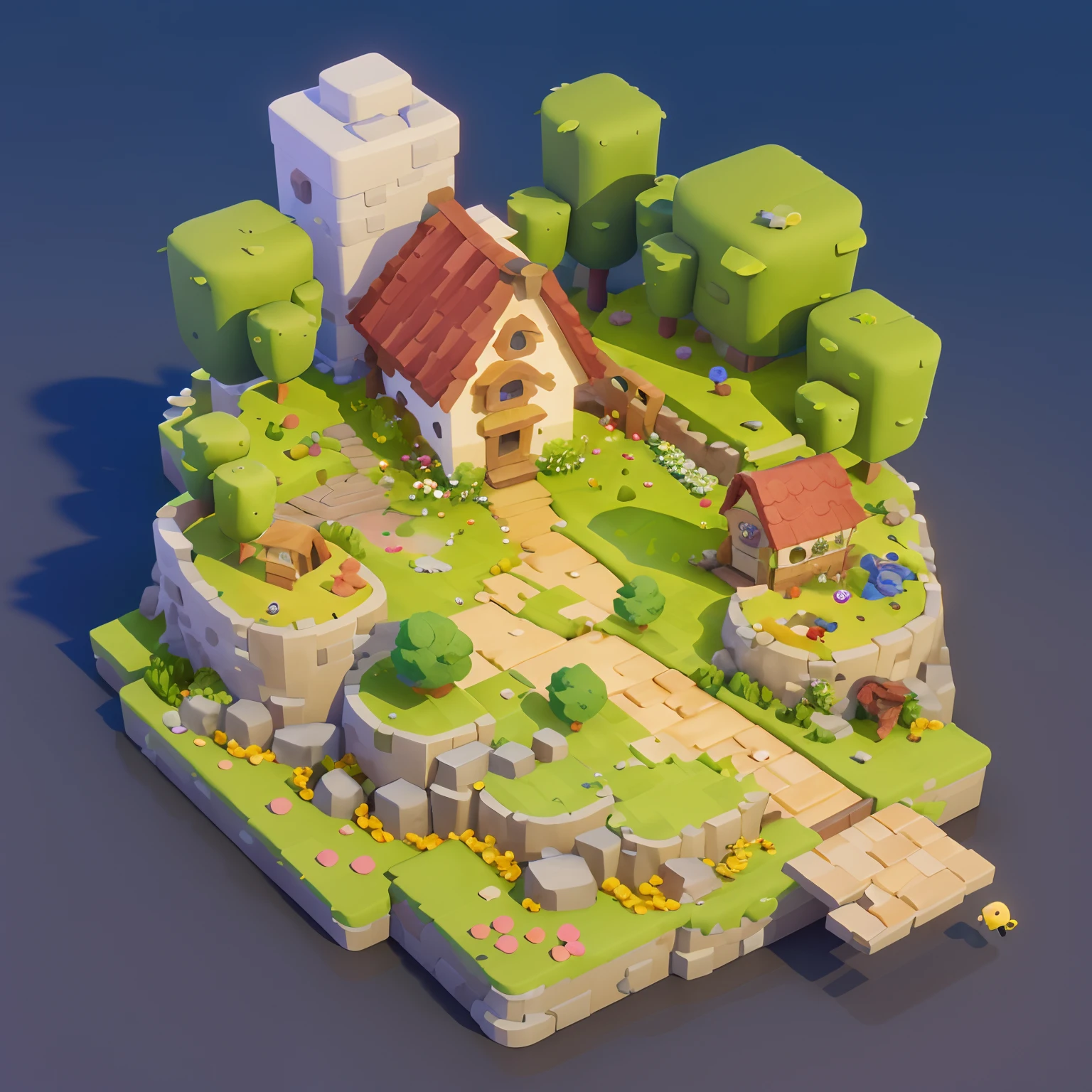 Game architecture design, cartoon, farm, stone, brick, grass, river, flowers, vegetables, wheat, trees, animals, casual play style, 3d, blender, masterpiece, super detail, best quality