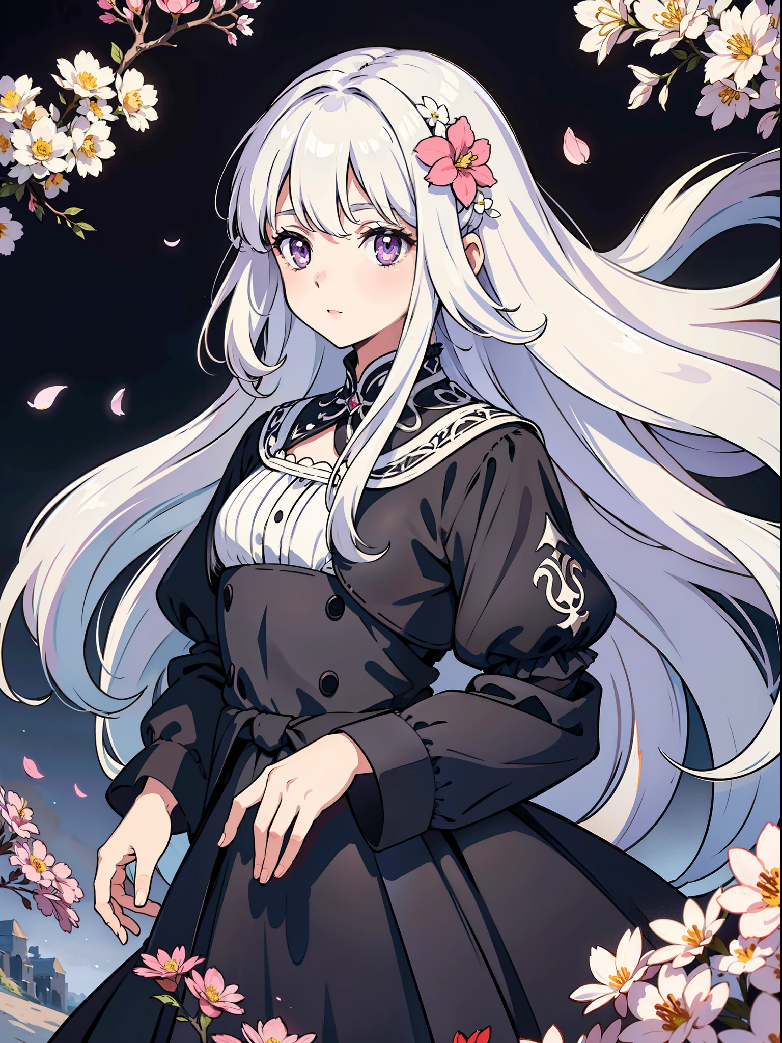 A young girl lying on various flowers，long layered silvery white hair，Long hair scattered，Long fluffy hair，Light purple eyes，Black dress，European medieval style，The feeling of the wind blowing，The background is full of flowers，Flowers fill background，Lying on various flowers，Light，jewelry，Cinematic lenses，Light，atmosphere，Drawing，Full-HD，Ultra detailed，carefully drawn，