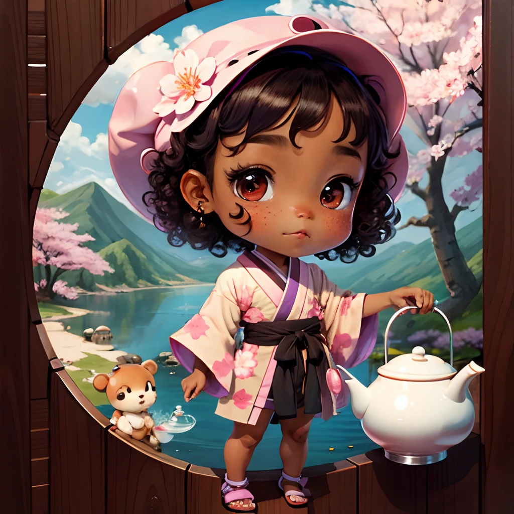 Cute brown skinned baby chibi anime, with freckles,purple and pink kimono, in a teapot, drink tea, curly black hair, in a frame, full body, wear sandals, swim in a teapot, cherry blossom