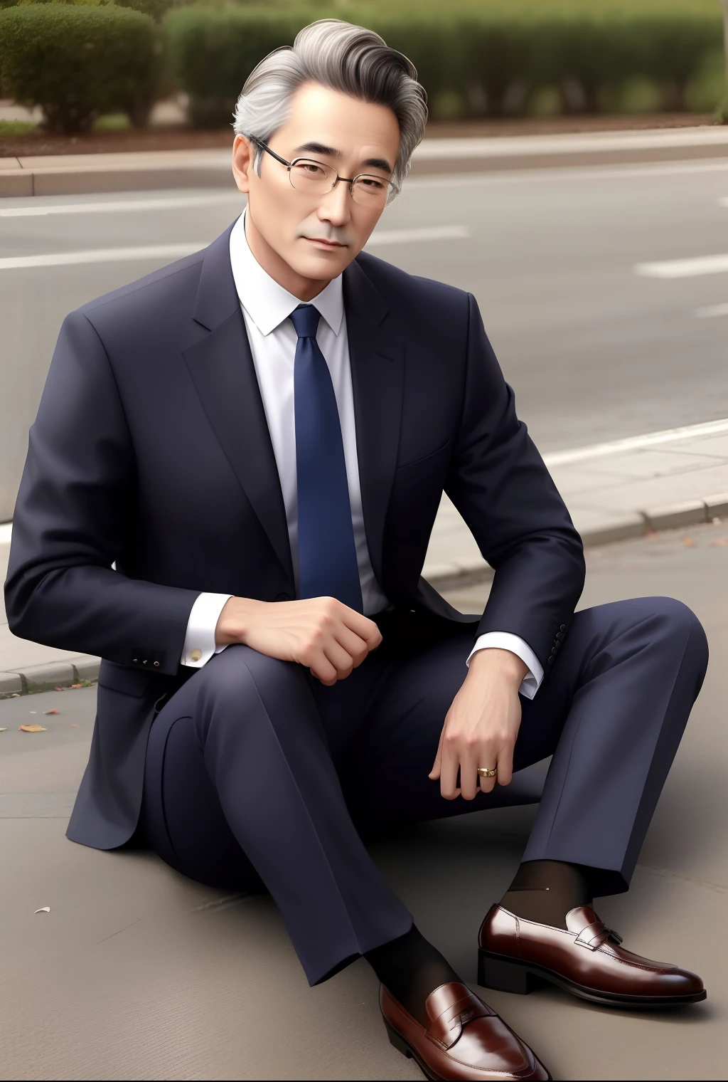 A middle-aged uncle in a suit sitting on the ground wearing nylon stockings