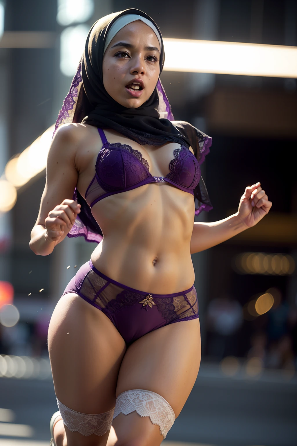 Portrait photo of a young malay girl, (laughing:0.7), (mira filzah face), malaysian, posing, look at a camera, full body,  purple hijab, purple lace bra and panties, wearing purple floral lace underwear, slims abs, small waists, thick thighs, wide hips, camel toe, complex city background, backlit, (cinematic:1.5), epic realistic, hyperdetailed, detailed skin texture, camel toe, mole below eye, insane details, intricate details, accent lighting, soft volumetric light, bokeh, (dramatic light:1.2), (neutral colors:1.3), cross process, night background, portraying the motion and grace of running, showing the wind blowing her hijab, fluid movement, capturing the essence of her athleticism and energy, running