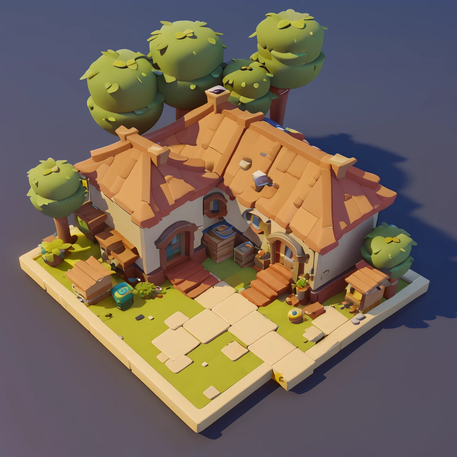 Game architectural design, cartoon, house, trees, casual game style, 3d, blender, closeup, masterpiece, super detail, best quality