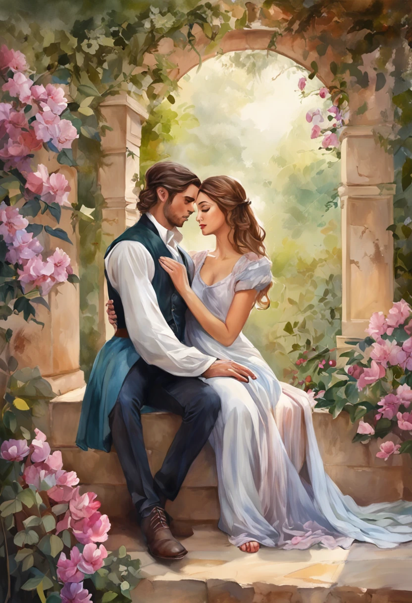 Handsome man giving flowers, Woman sitting on the ledge, Flowers, Long flowing fabric for dress, clear facesMagalie Villeneuve, magali villeneuve', inspired by Magali Villeneuve, graphic artist magali villeneuve, magali villeneuve and monet, charlie bowater and artgeem, Charlie Bower and Tom Bagshaw, Darius Zawadzki and Tom Bagshaw