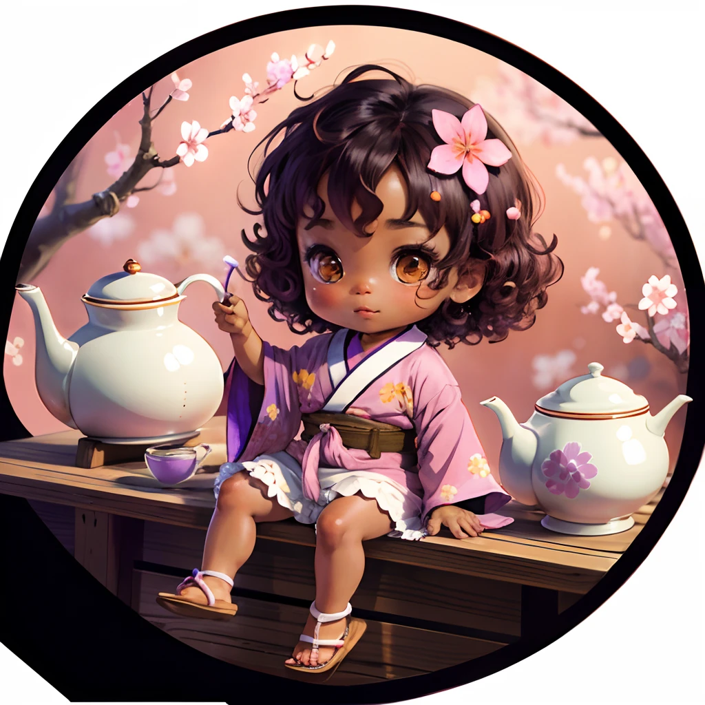 Cute brown skinned baby chibi anime, with freckles,purple and pink kimono, in a teapot, drink tea, curly black hair, in a frame, full body, wear sandals, swim in a teapot, cherry blossom